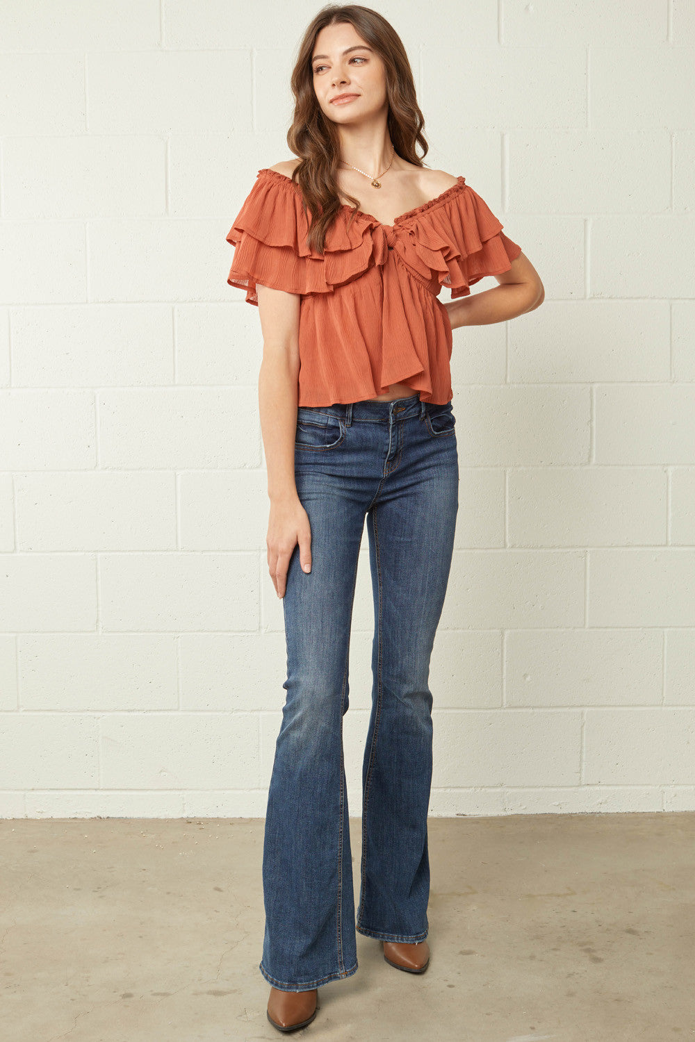 Size Large Off the Shoulder Flounce Ruffle Textured Crop Top