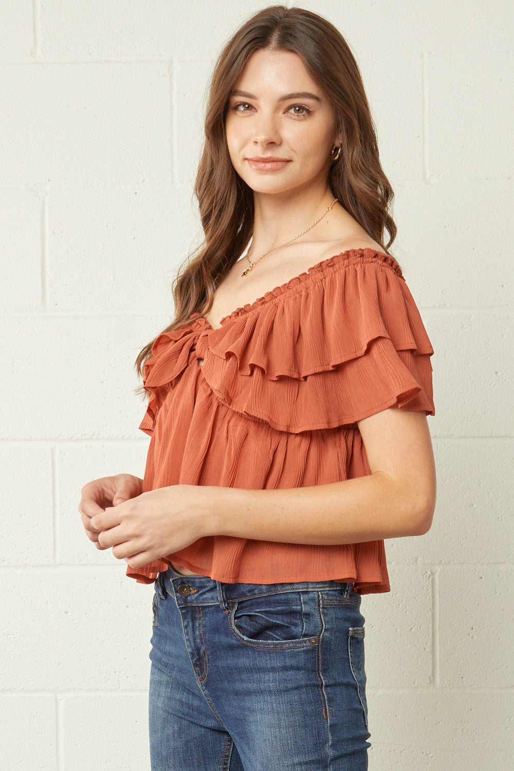 Off the Shoulder Flounce Ruffle Textured Crop Top