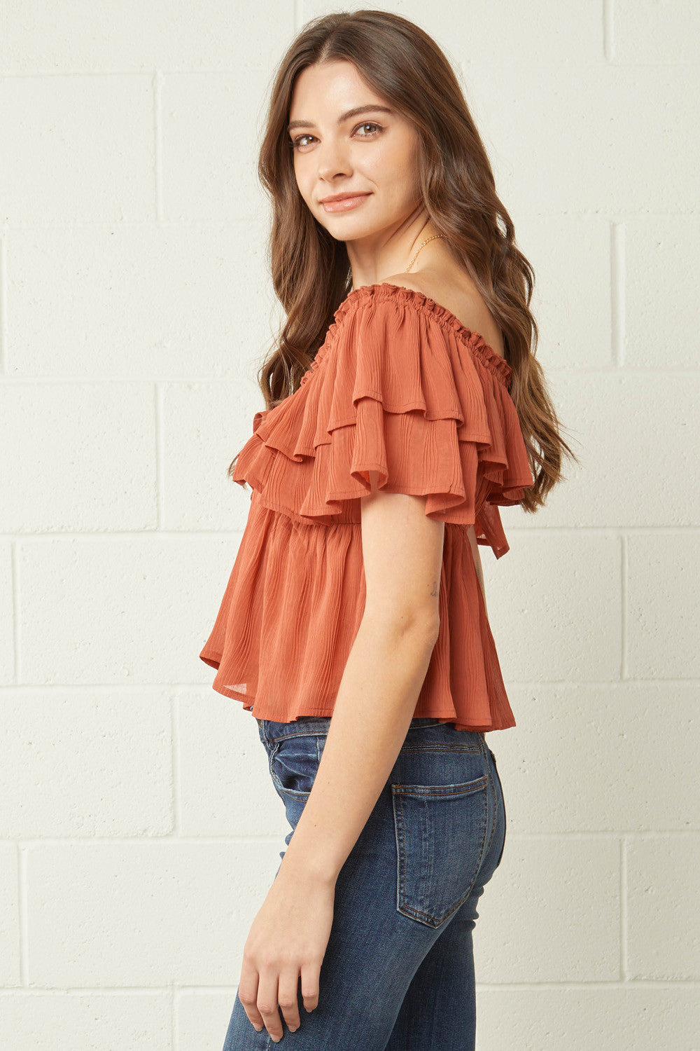 Size Large Off the Shoulder Flounce Ruffle Textured Crop Top