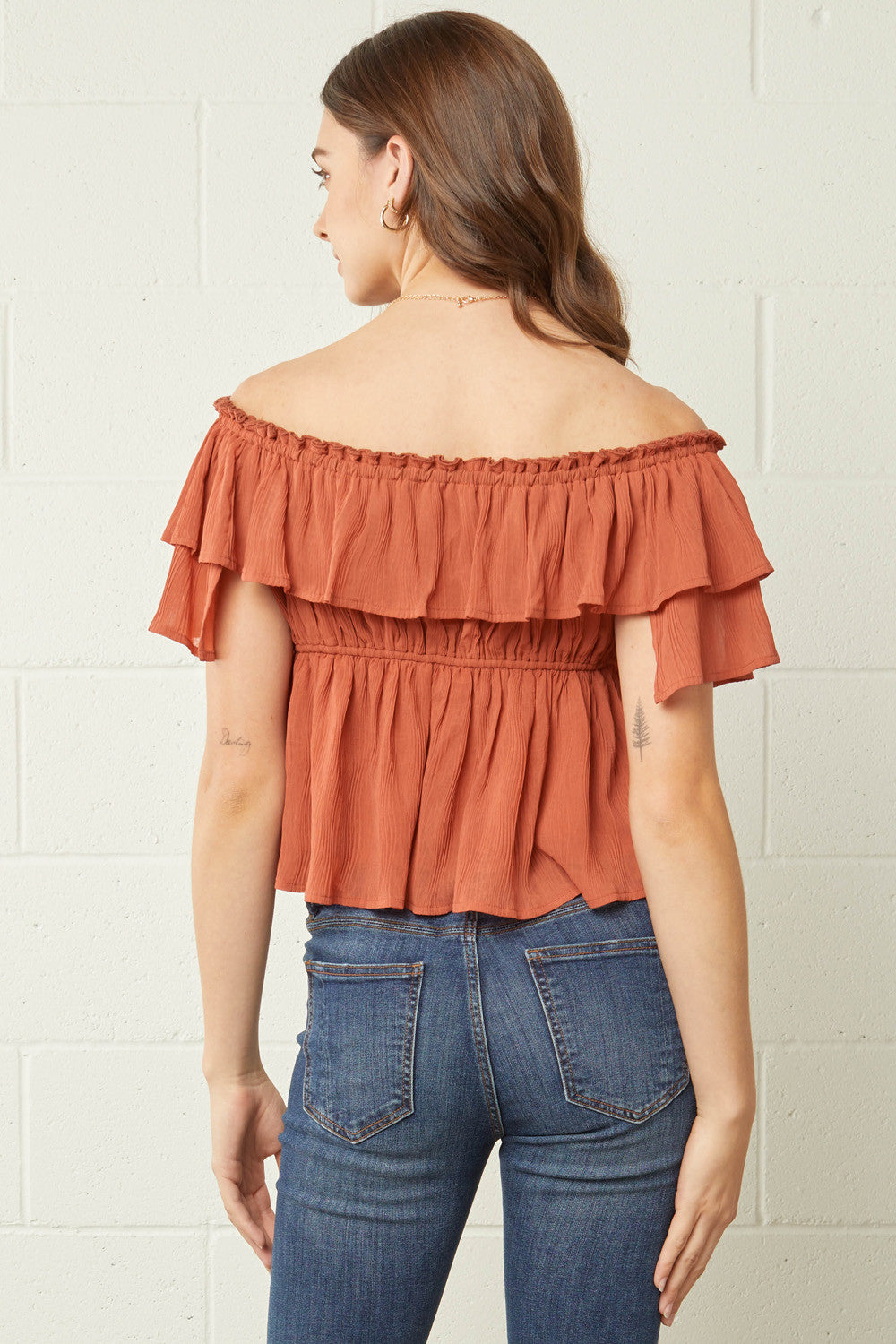 Size Large Off the Shoulder Flounce Ruffle Textured Crop Top