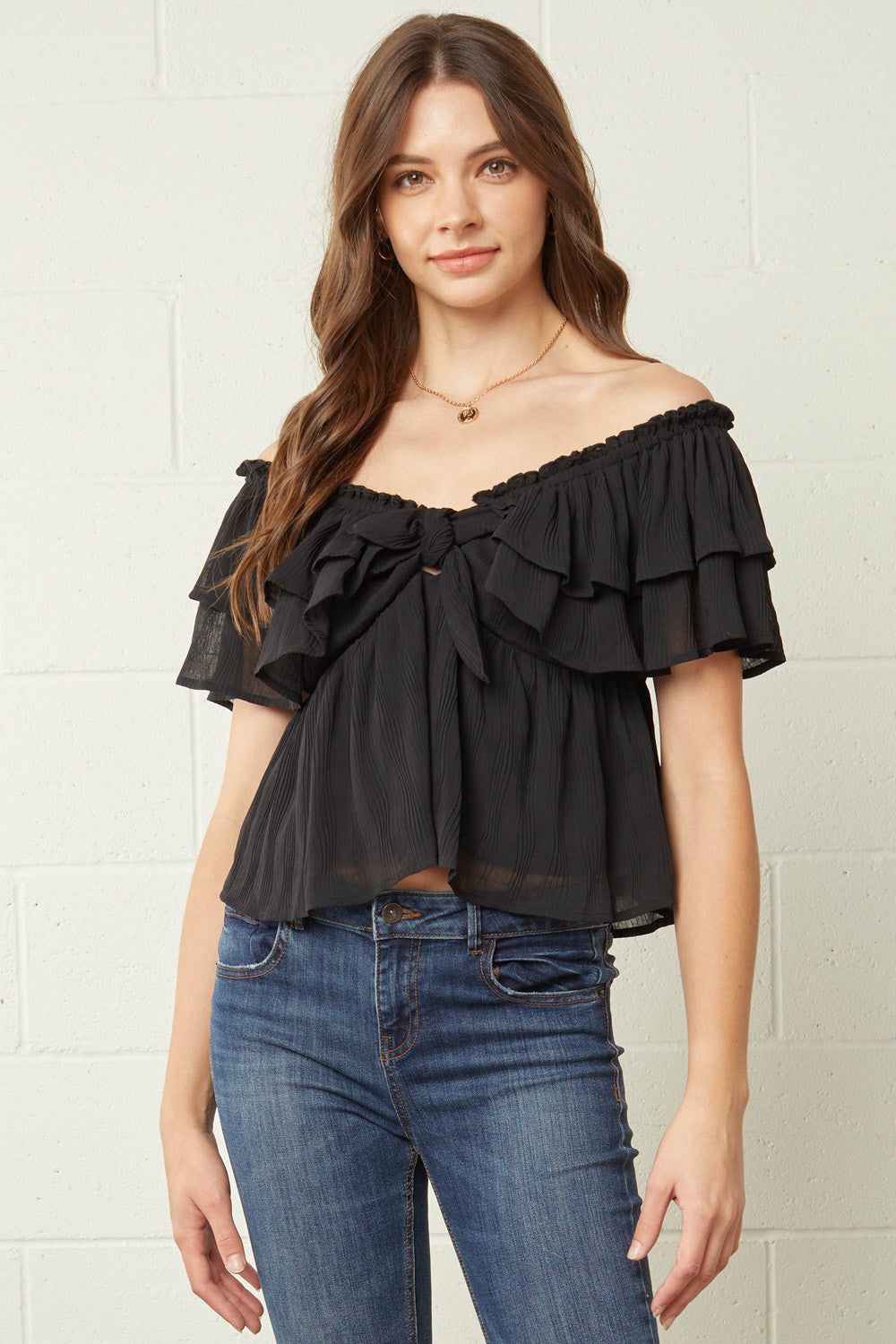 Size Large Off the Shoulder Flounce Ruffle Textured Crop Top