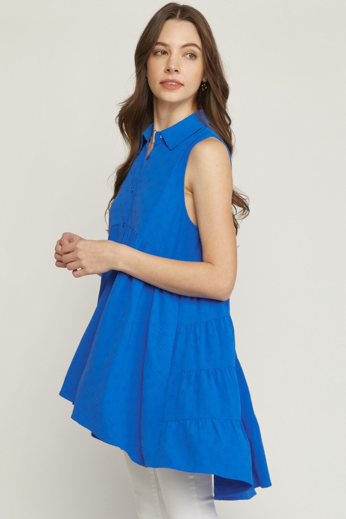 Colbalt Blue Collared Sleeveless Tiered Tunic Top
