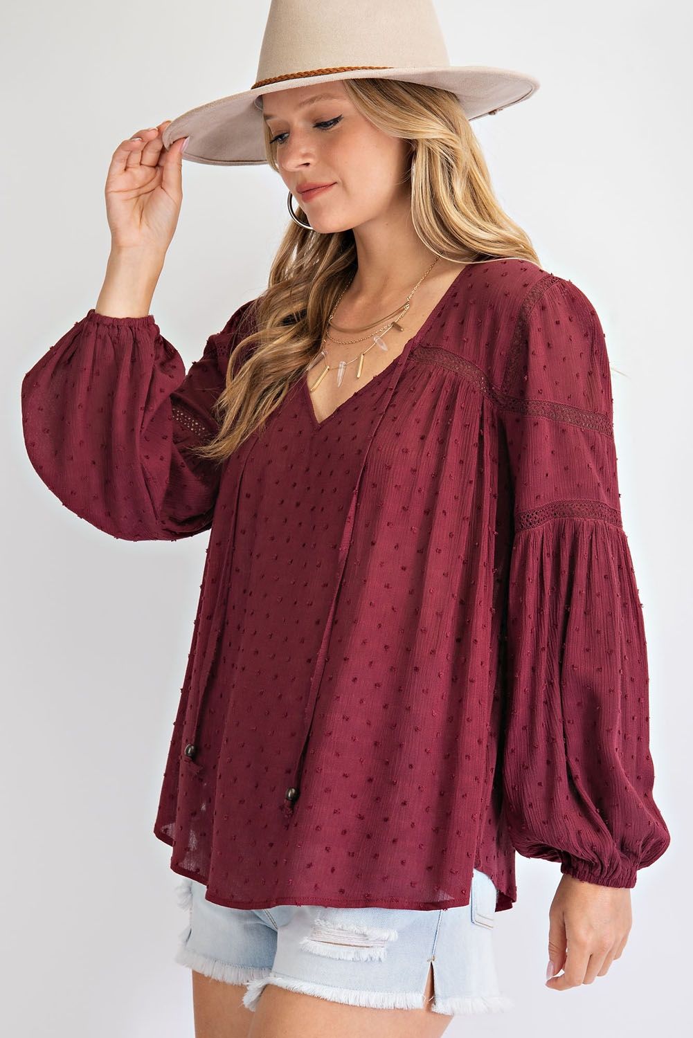 Deep Plum Swiss Dot Woven Gauze Top