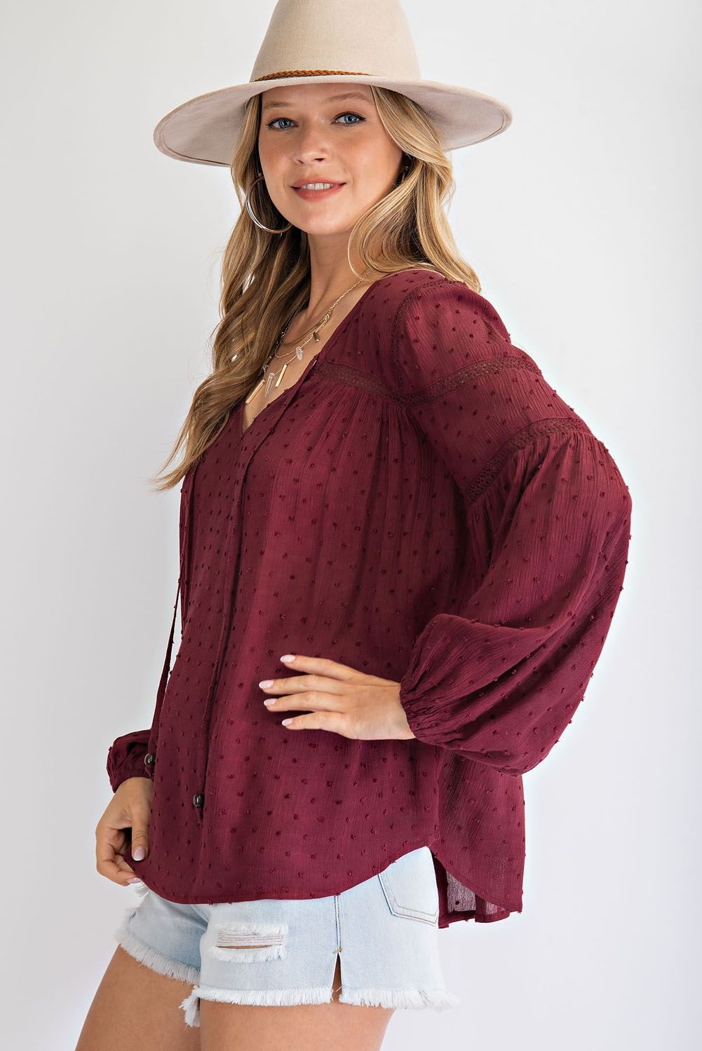 Deep Plum Swiss Dot Woven Gauze Top
