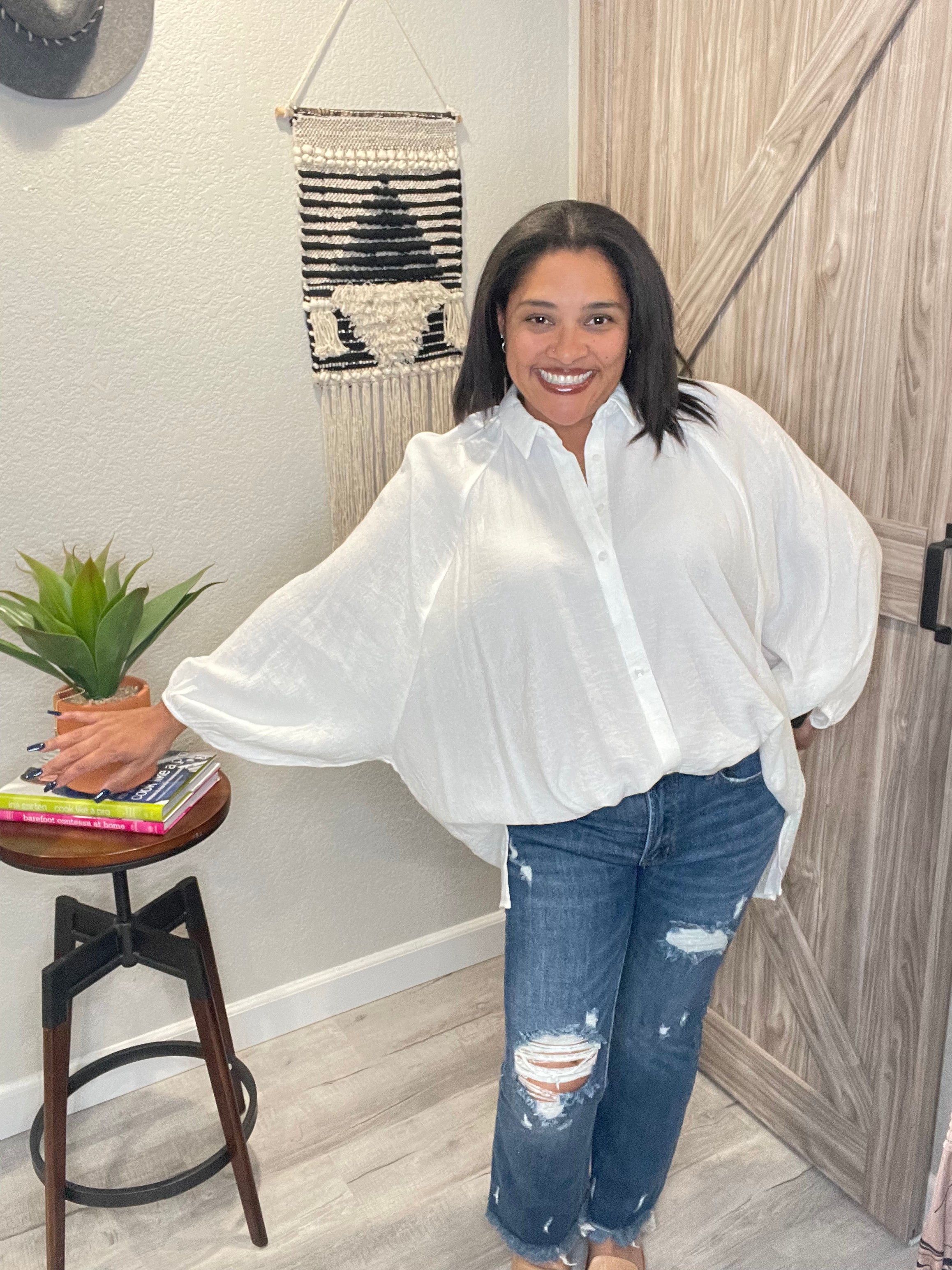Ivory Oversized Dolman Sleeve Button Down Blouse