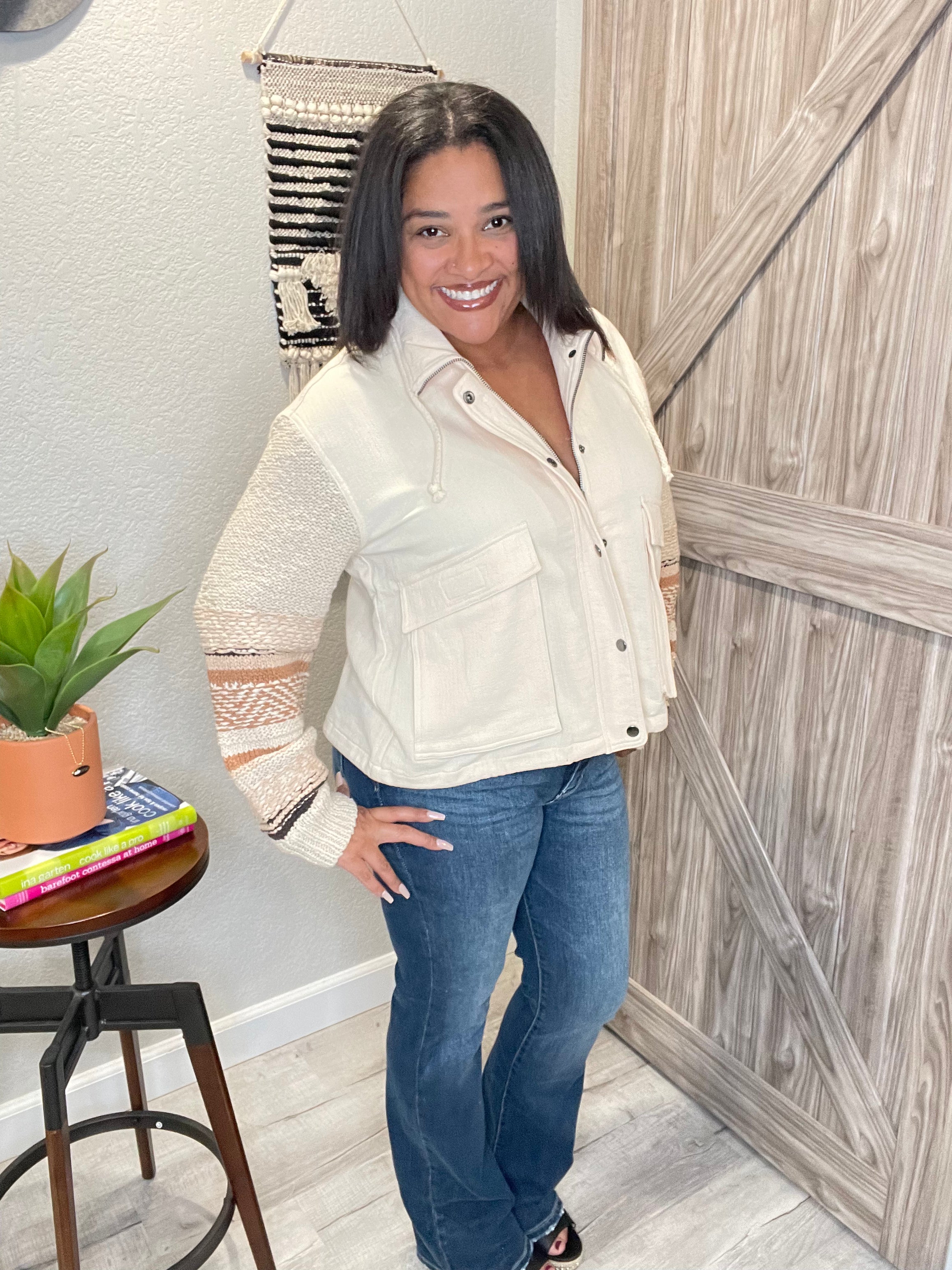 Saltwater Luxe Cream Sweater Sleeve Snap Front Jacket