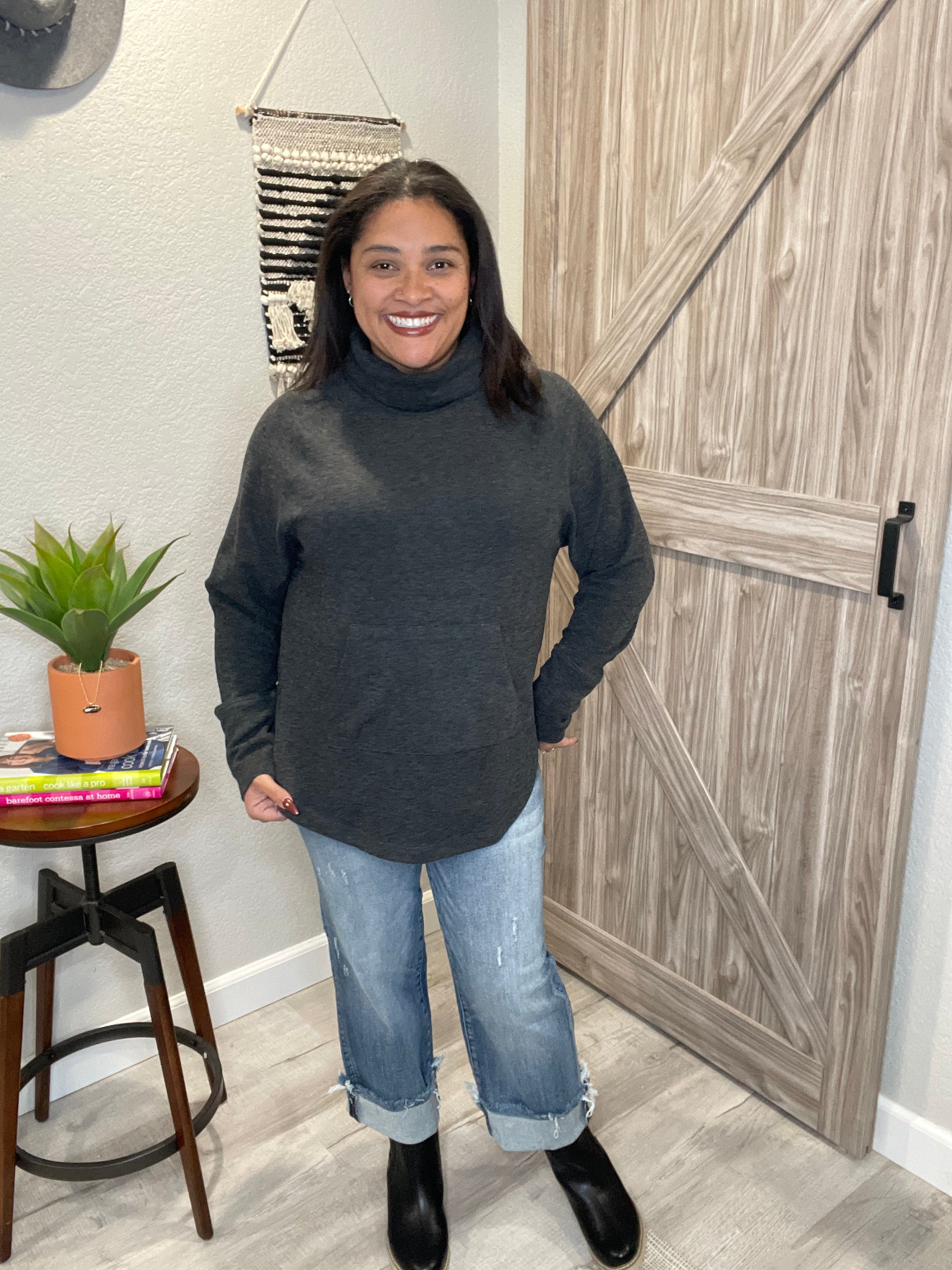 Bobi Funnel Neck Front Pocket Pullover Top