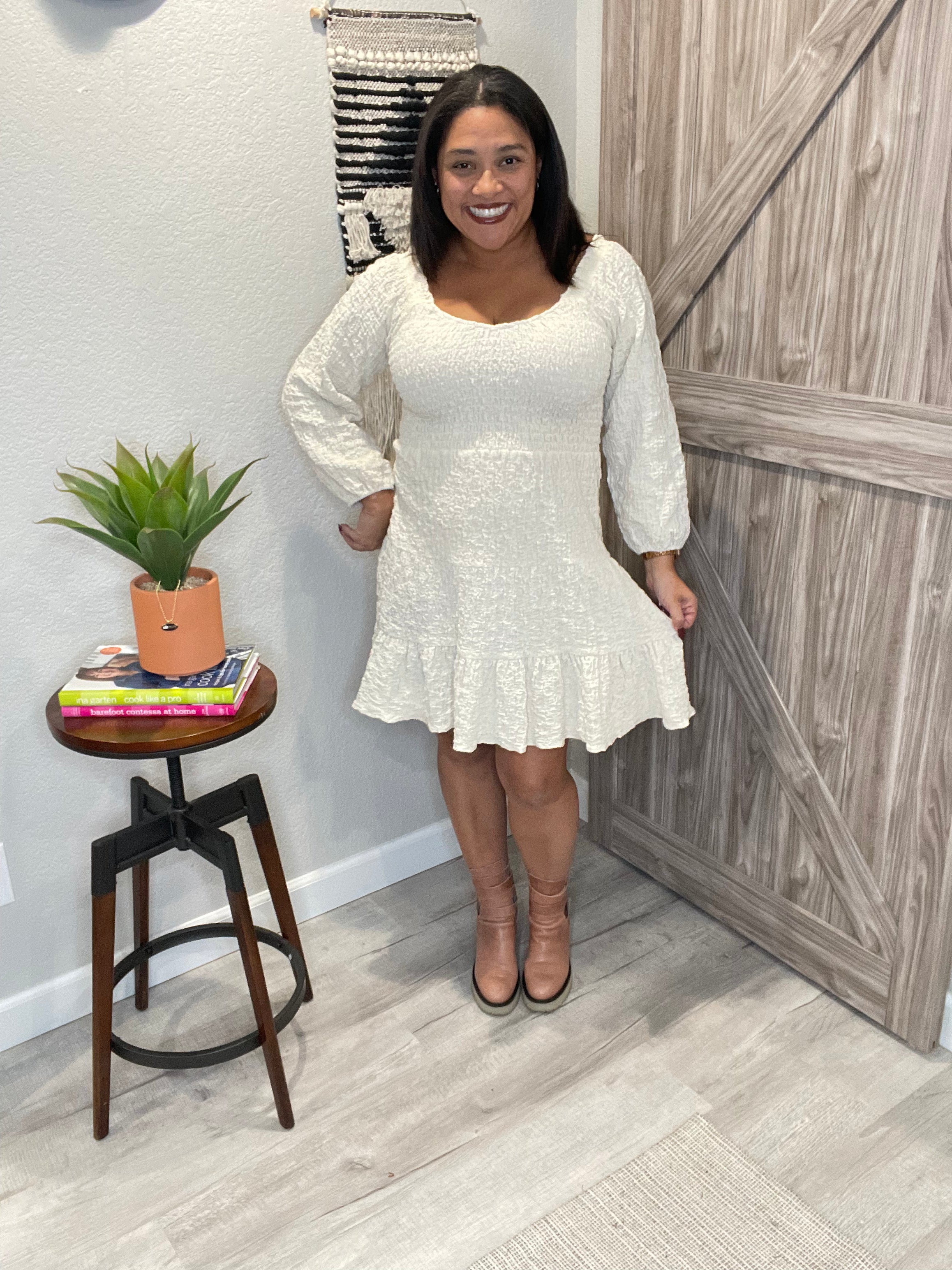 Saltwater Luxe 3/4 Balloon Sleeve Crinkle Ruched Ruffle Dress