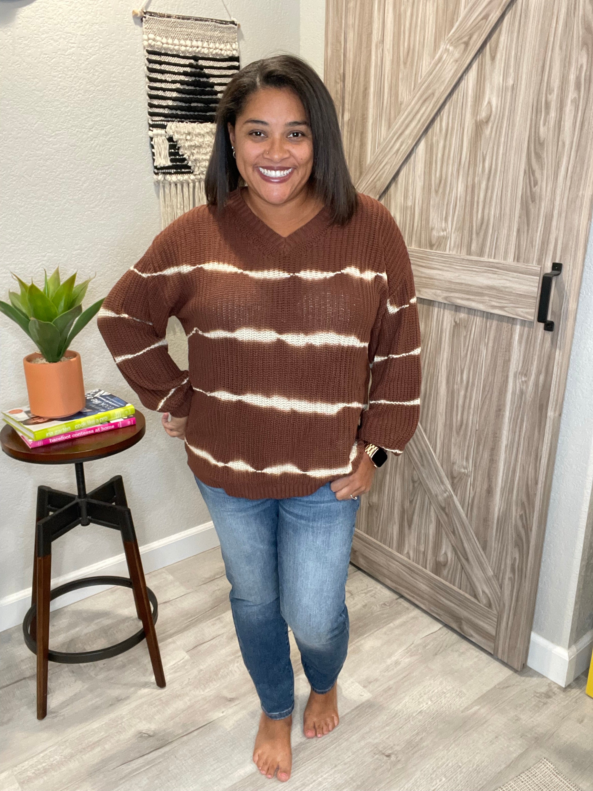 Size 2XL 3XL Cocoa Brown Tie Dye V Neck Pullover Sweater
