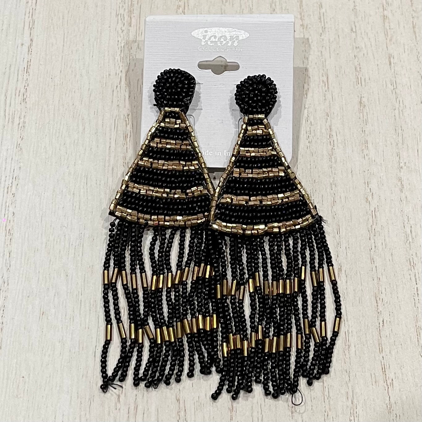 Black & Gold Metallic Seed Beaded Earrings with Fringe