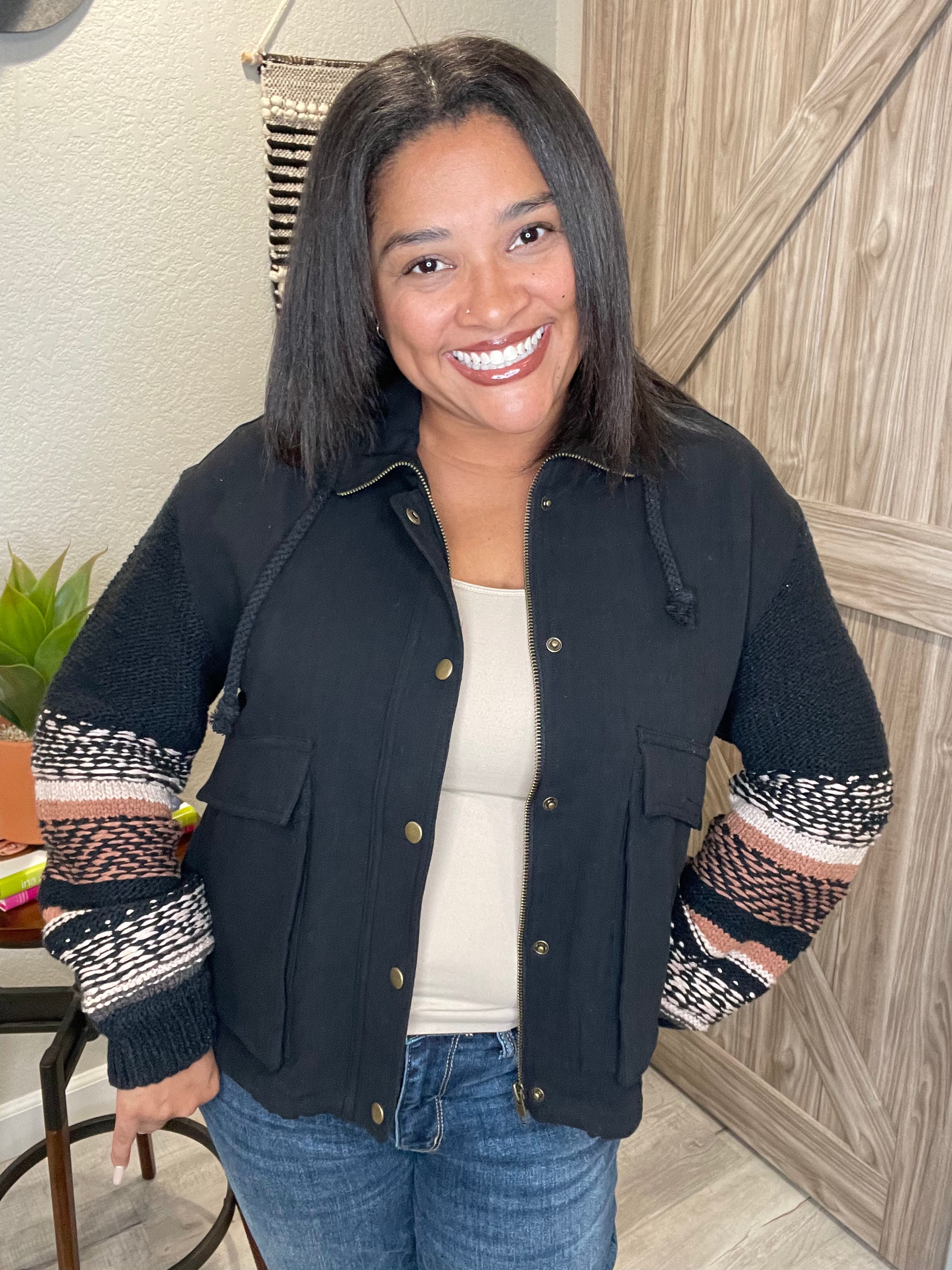 Size XS & Small Saltwater Luxe Black Sweater Sleeve Snap Front Jacket