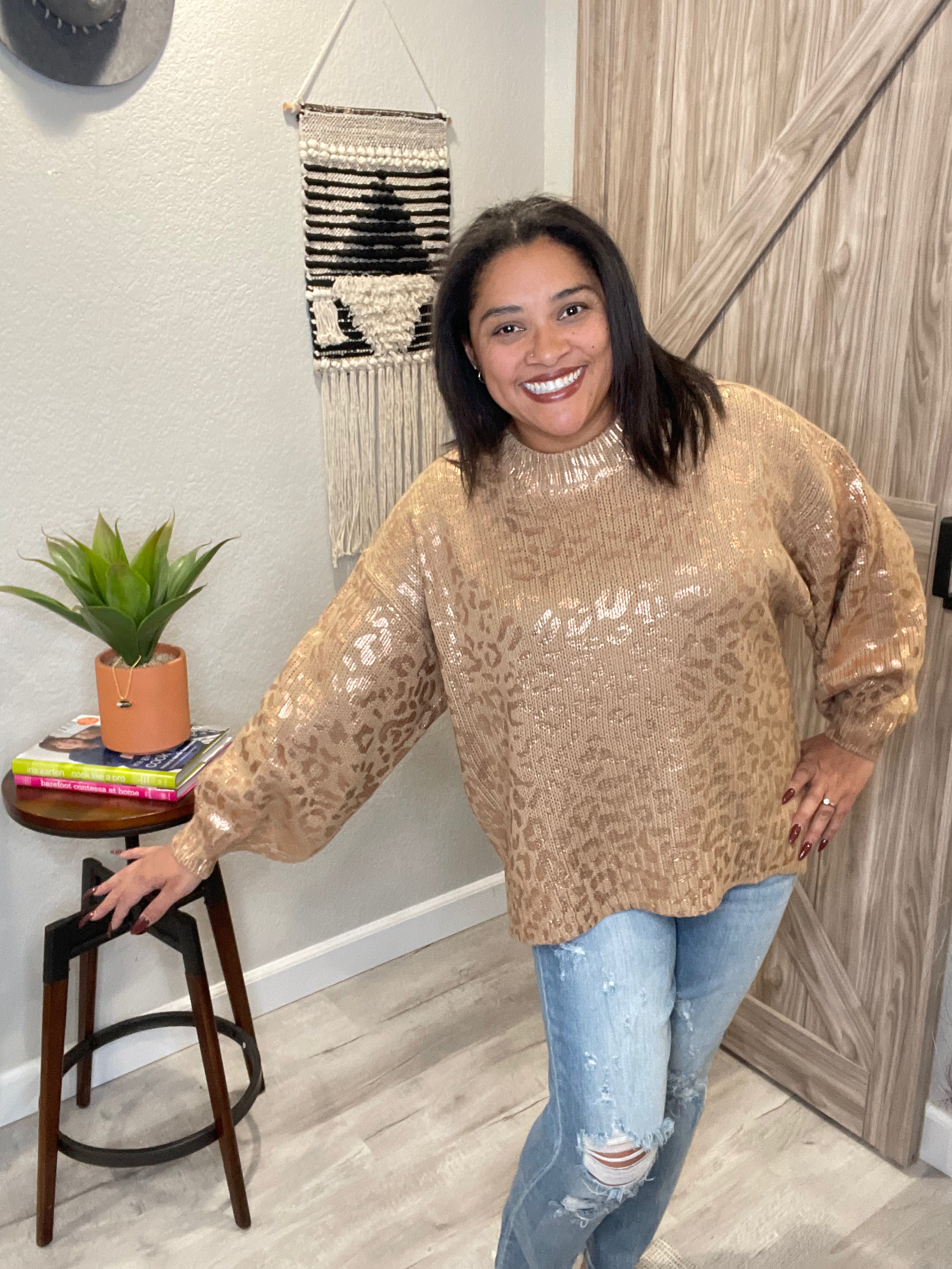 Metallic Rose Gold Taupe Leopard Print Balloon Sleeve Sweater