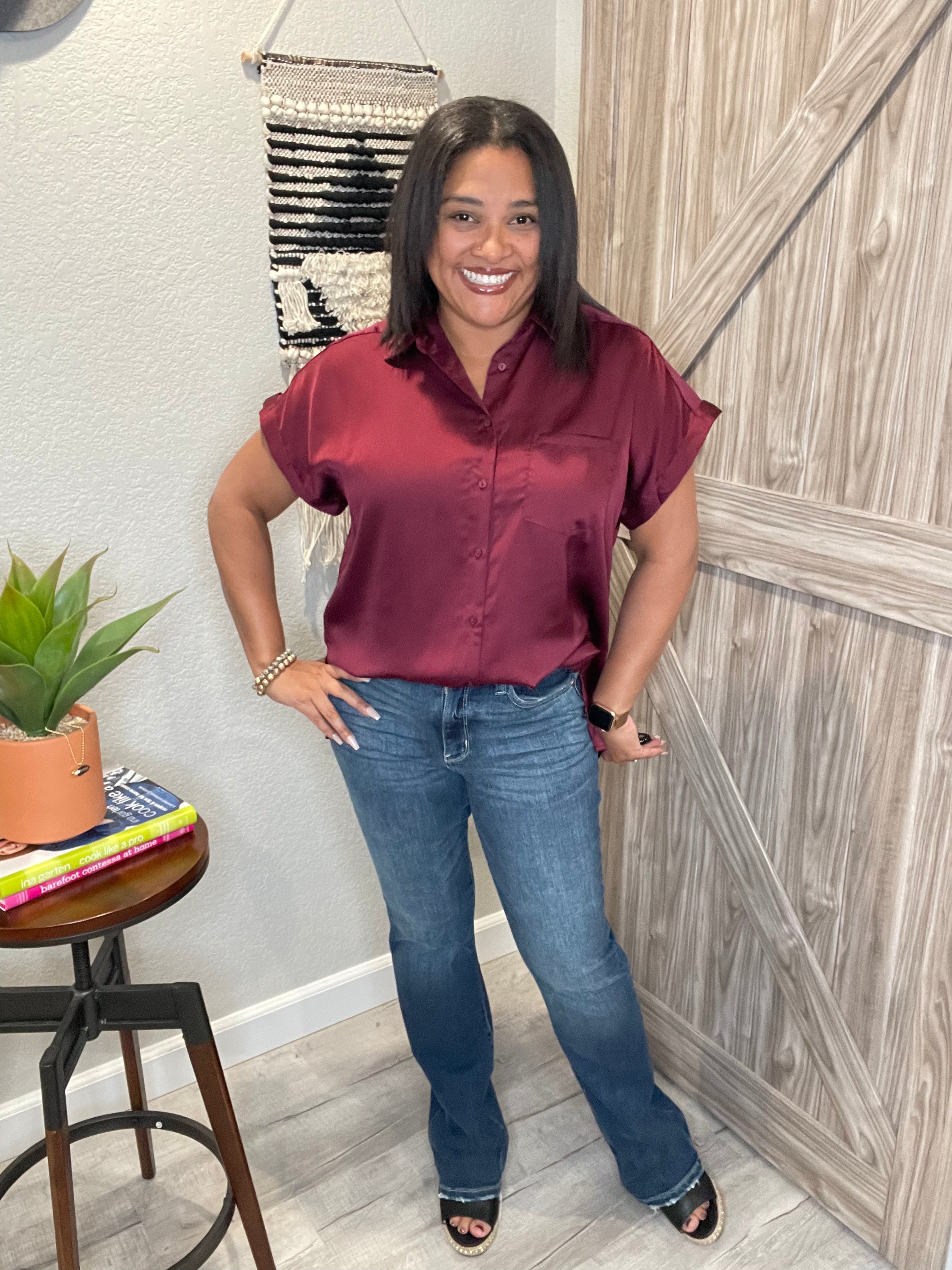 Burgundy Satin Short Sleeve Button Down Top