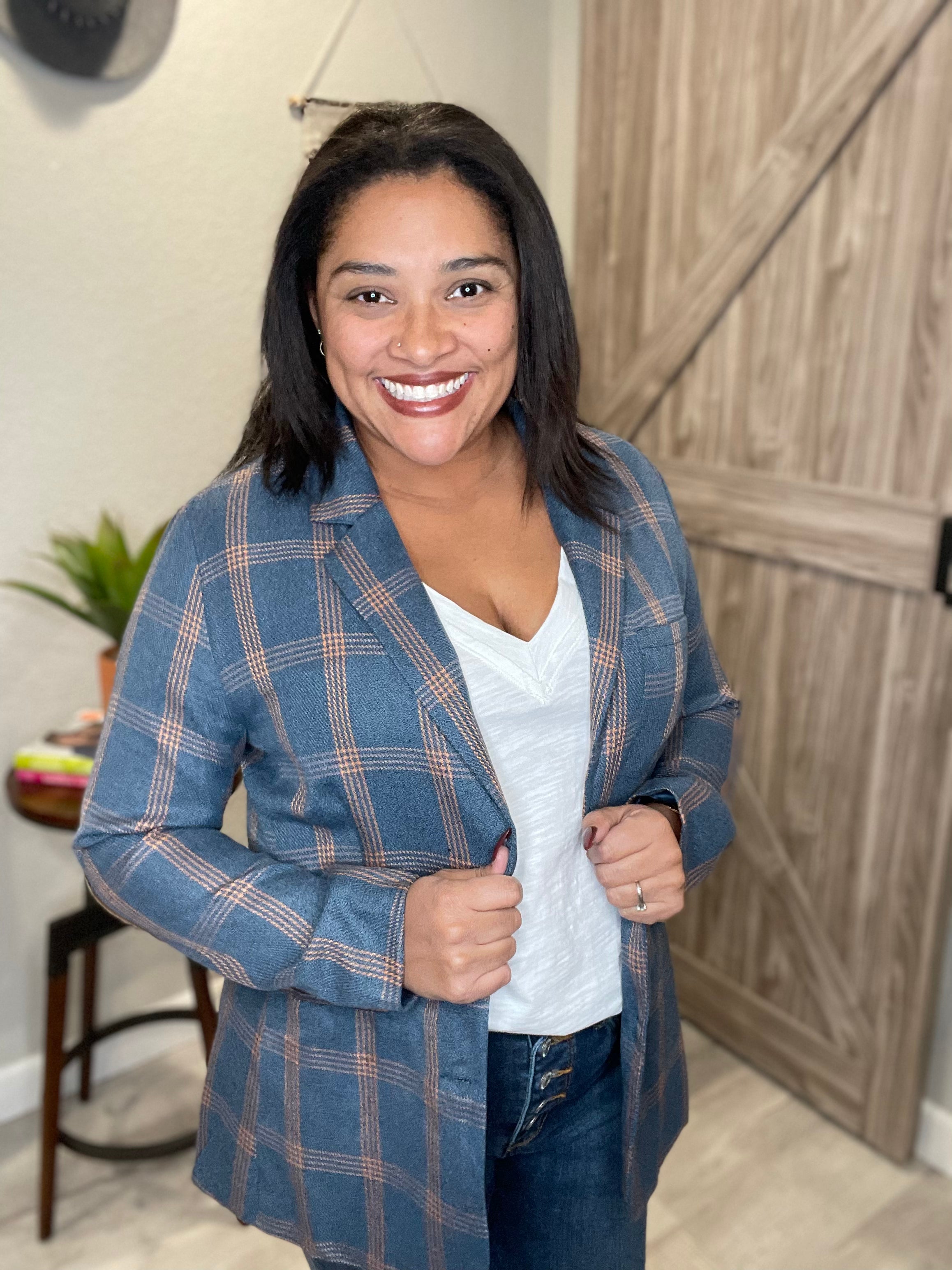 Plaid Two Button Elbow Patch Blazer