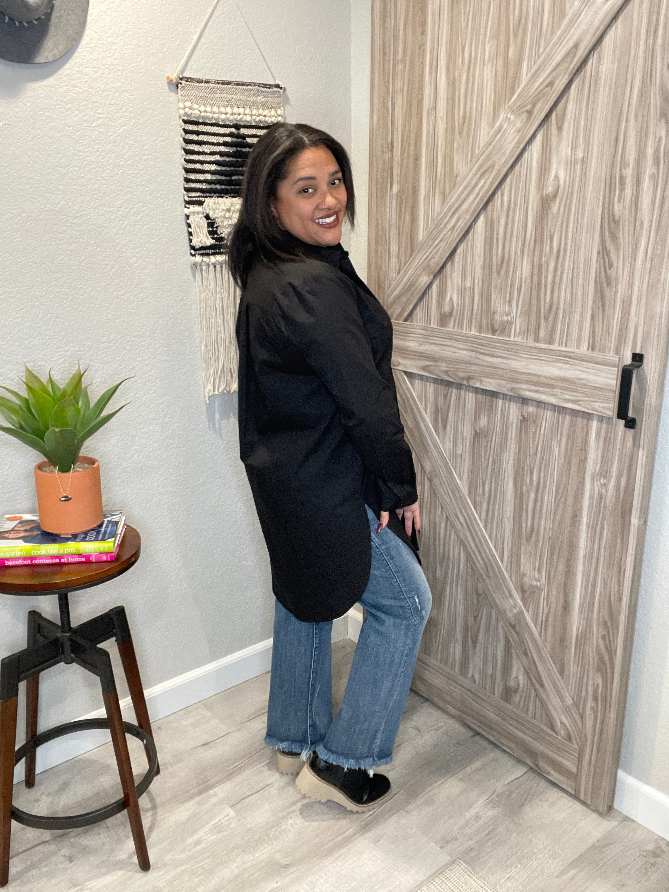 Black Long Tunic Button Down Poplin Shirt