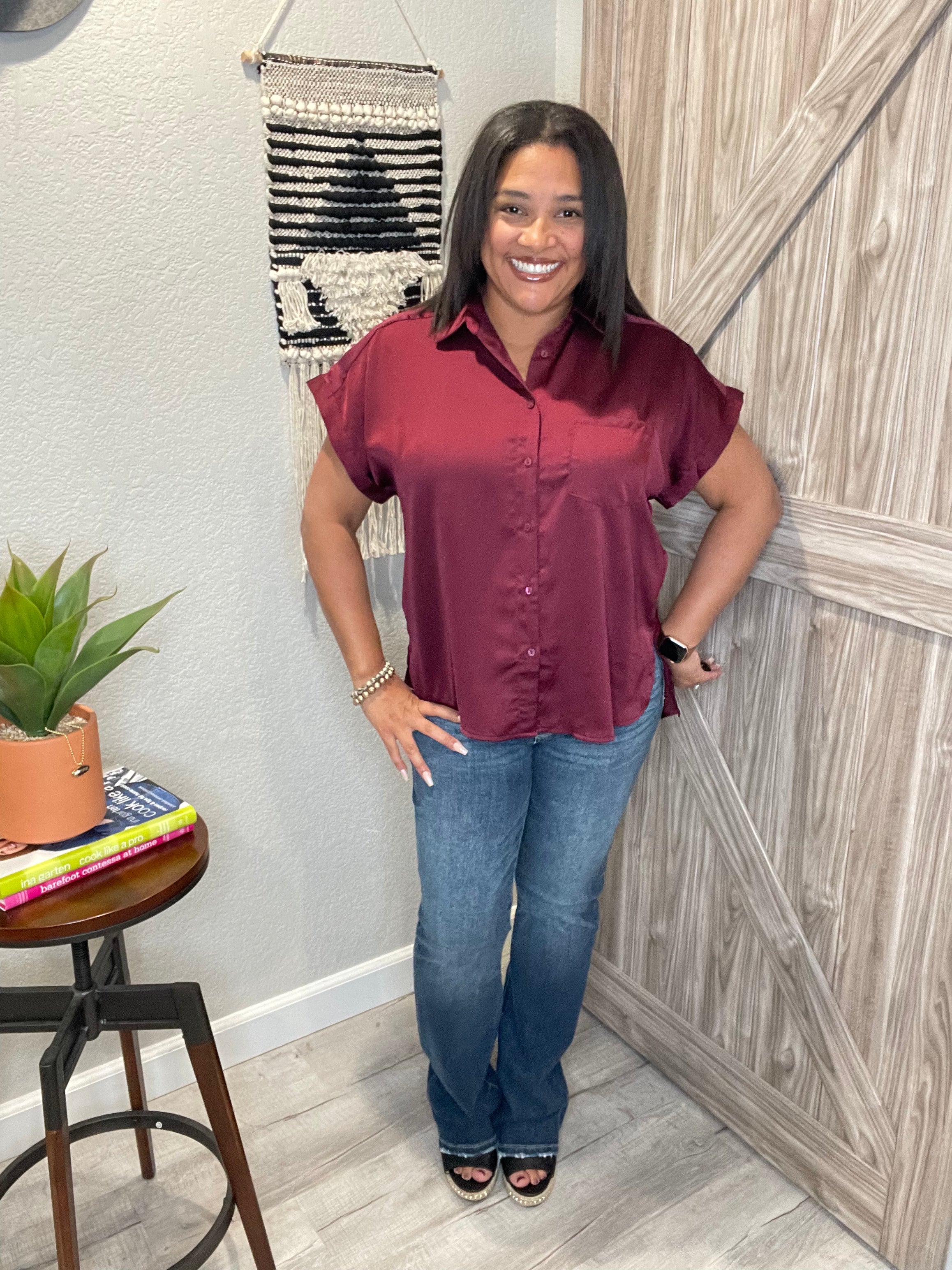 Burgundy Satin Short Sleeve Button Down Top