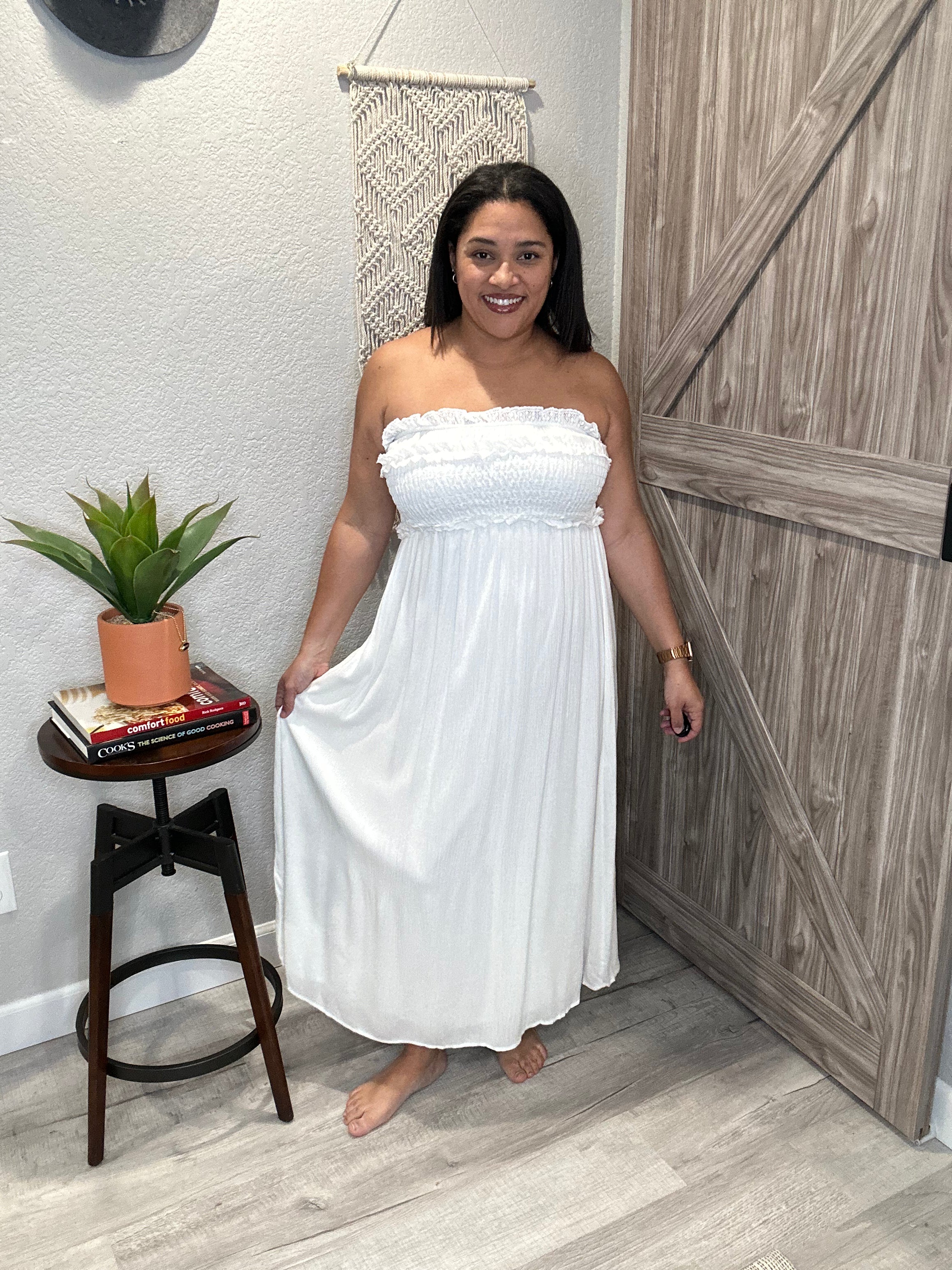 Strapless Smocked Top Off White Midi Dress