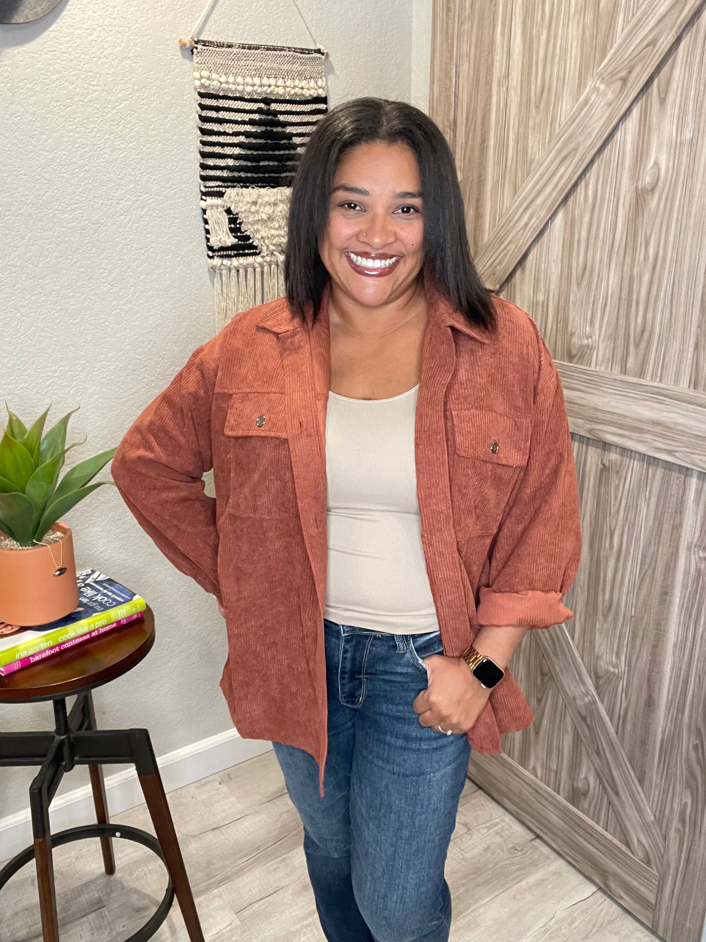 Size 1XL Cinnamon Corduroy Button Down Fall Shacket