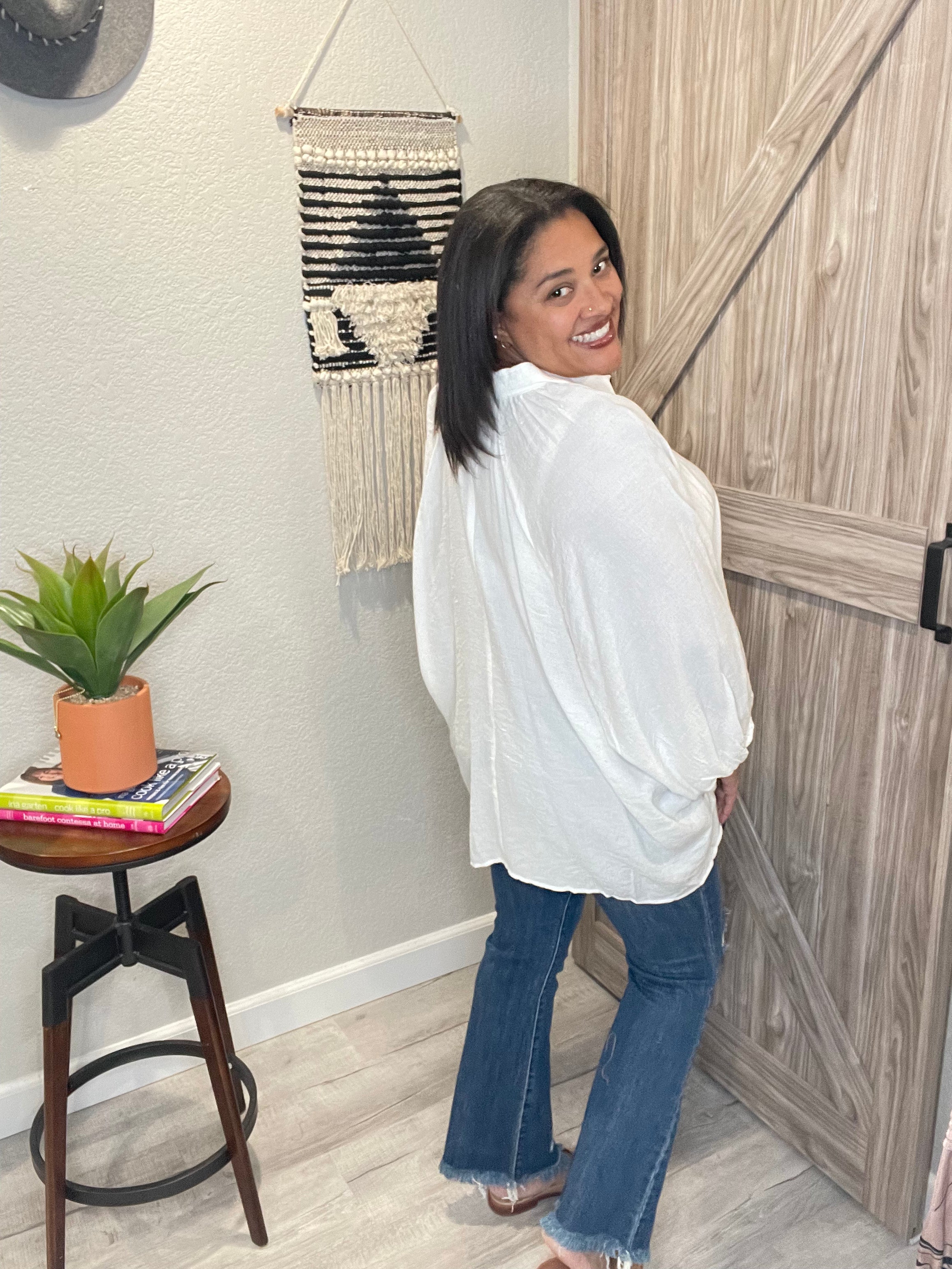 Ivory Oversized Dolman Sleeve Button Down Blouse