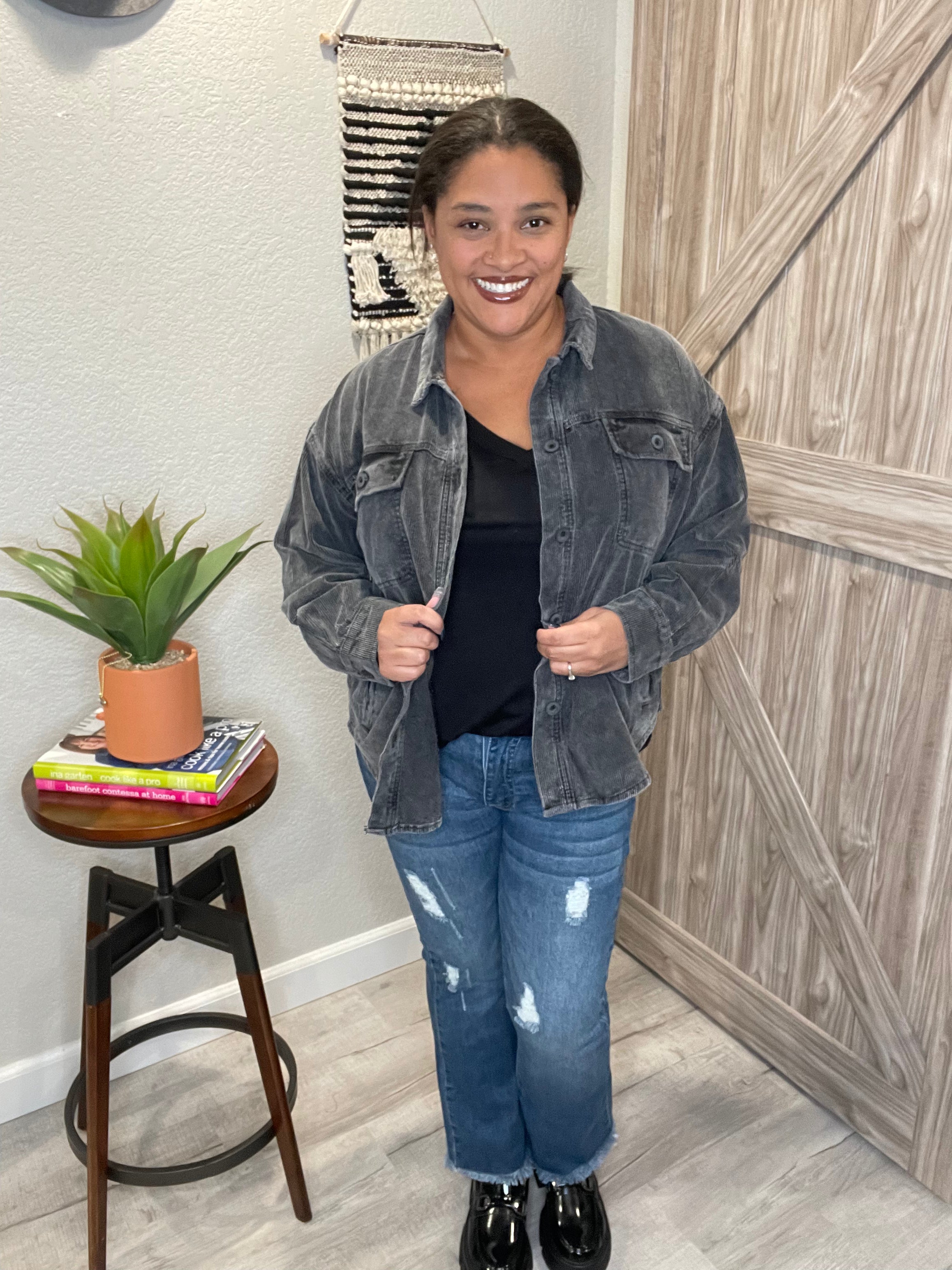 Washed Black Corduroy Button Down Shirt Shacket