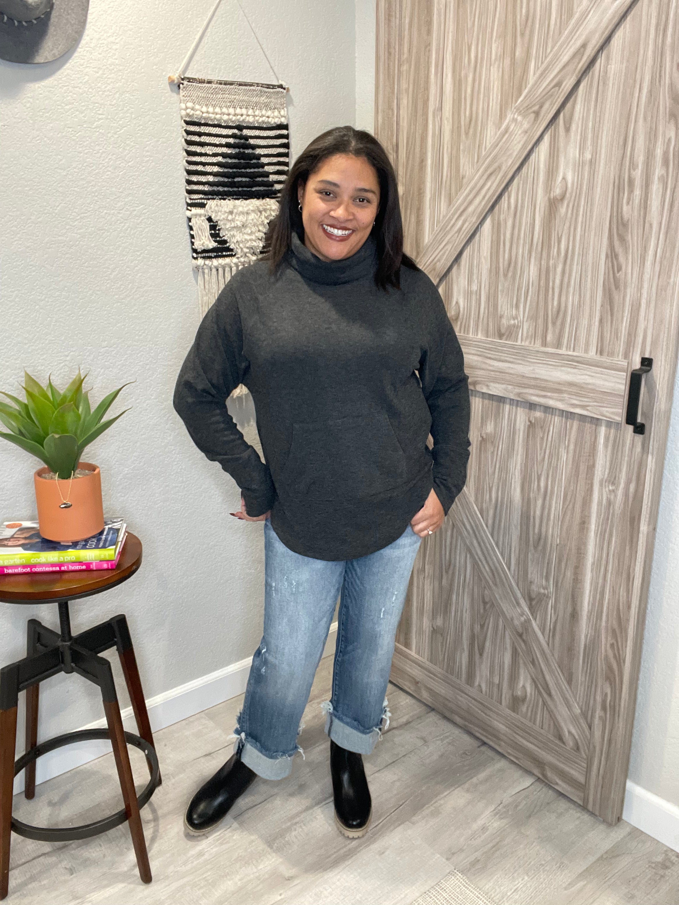Bobi Funnel Neck Front Pocket Pullover Top