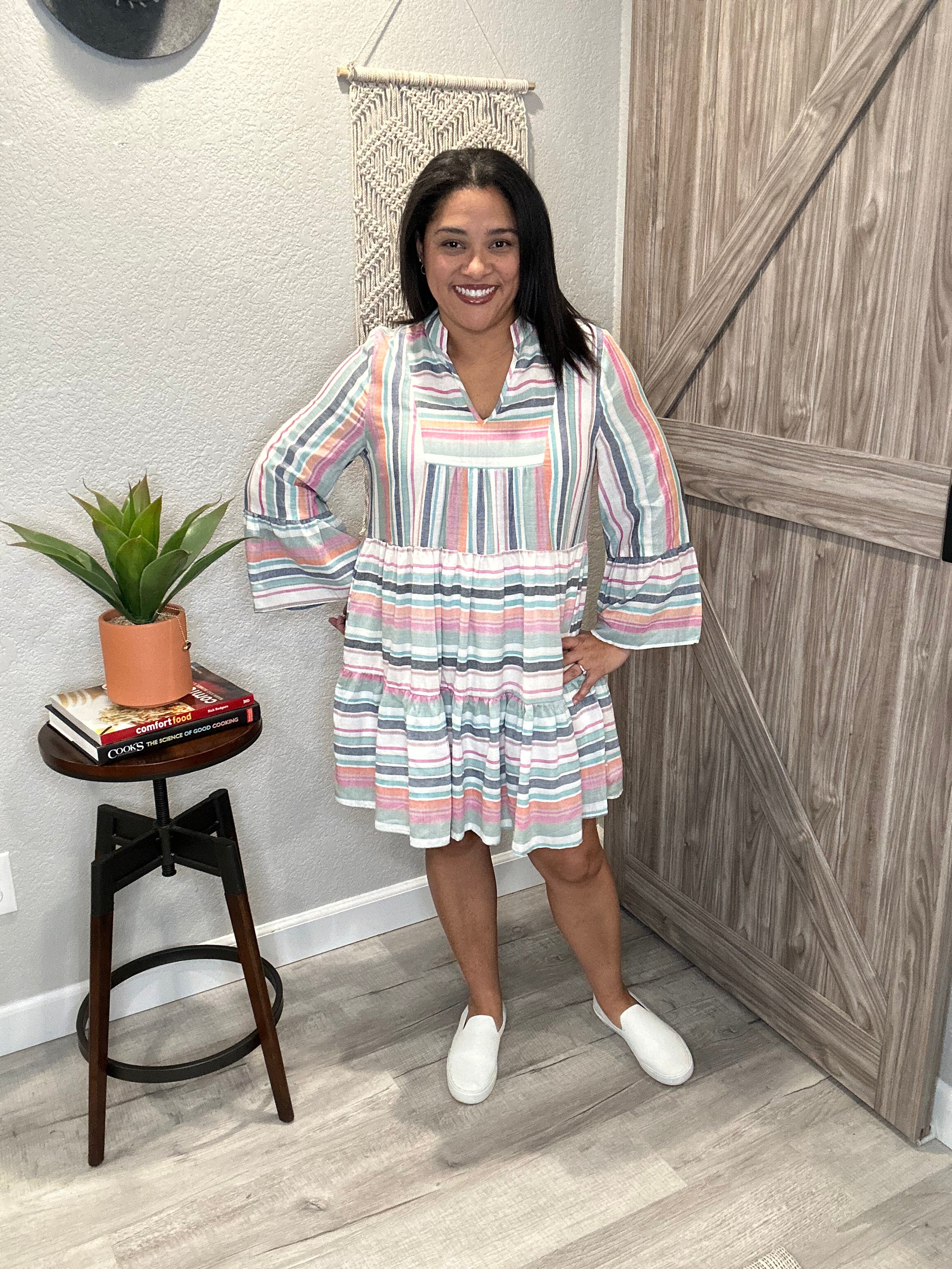 Summer Stripe Bell Sleeve Tiered Dress
