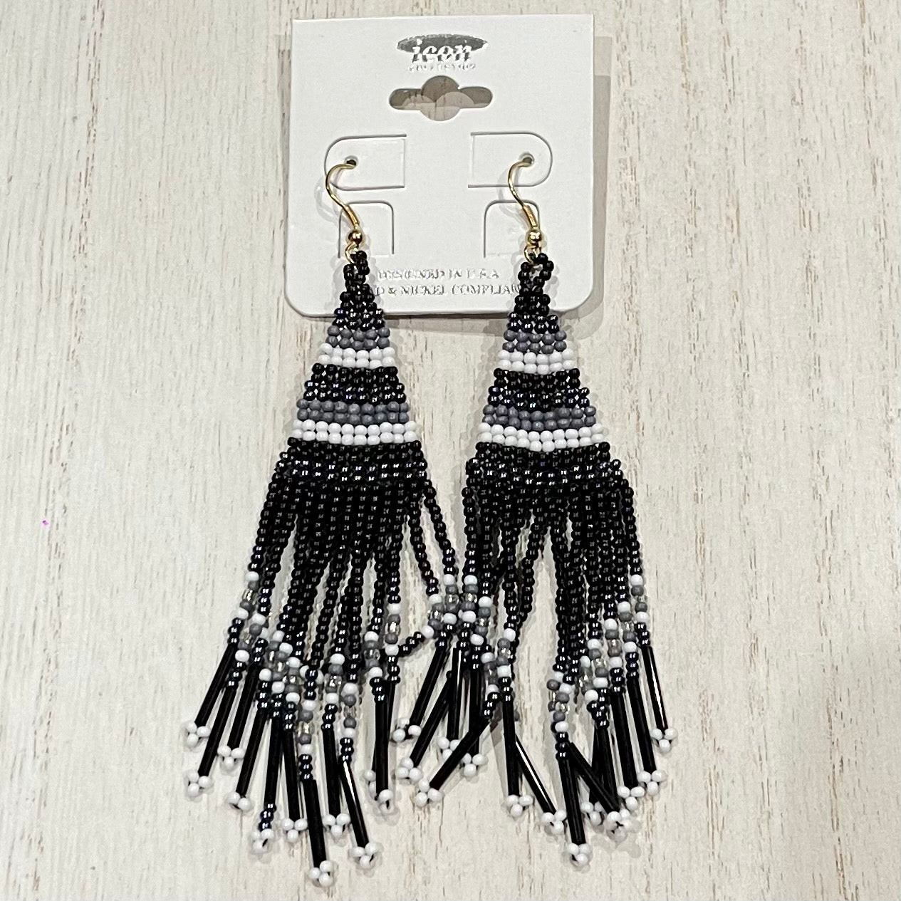 Black Grey & White Seed Beaded Earrings with Fringe