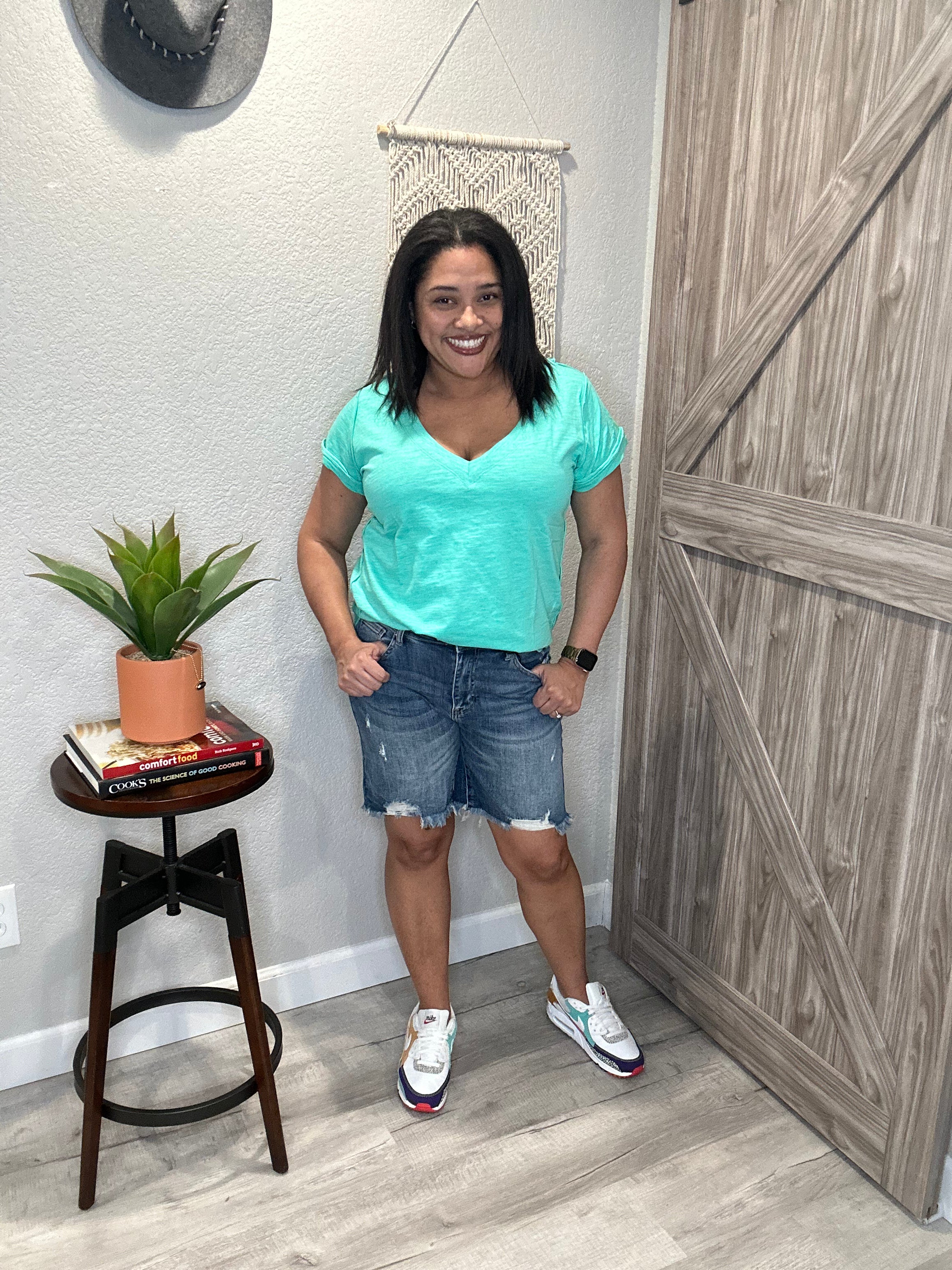 Risen Jeans High Rise Distressed Mid Thigh Shorts
