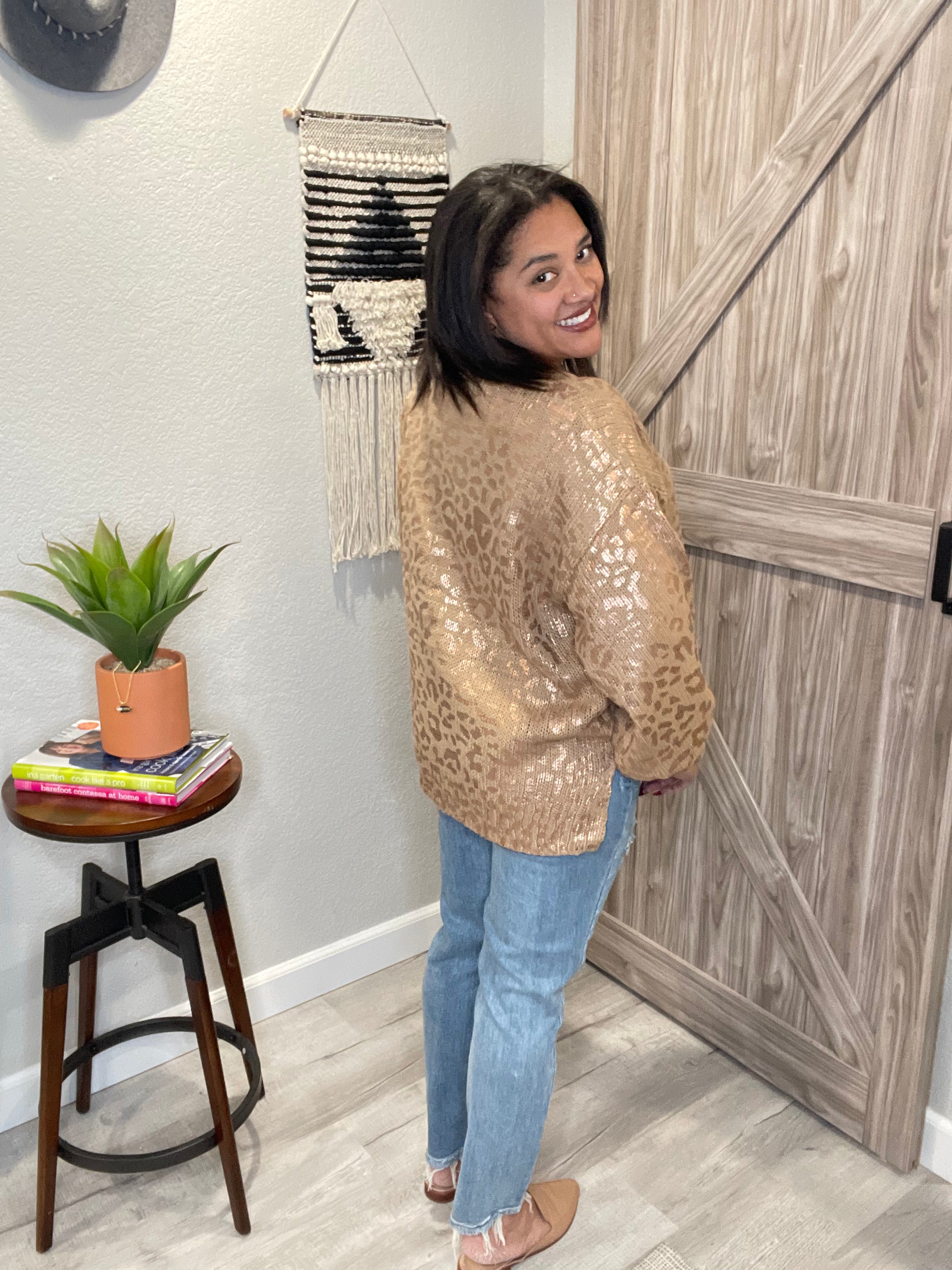 Metallic Rose Gold Taupe Leopard Print Balloon Sleeve Sweater