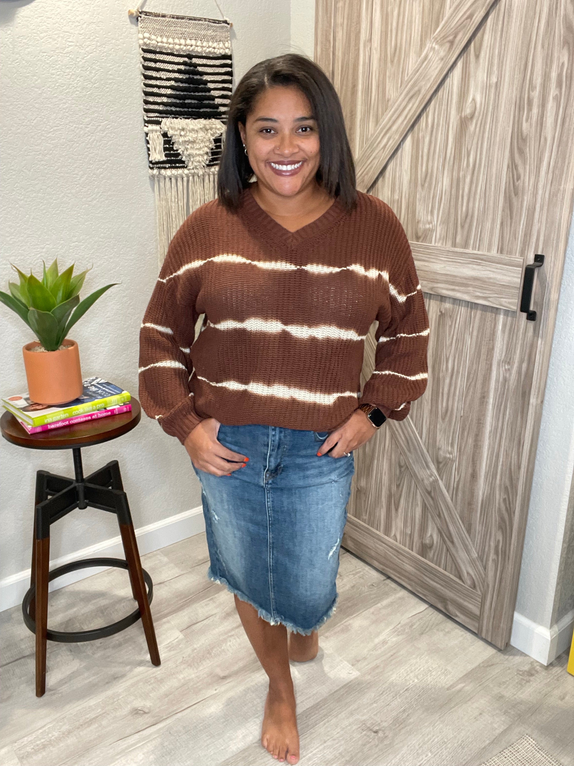Size 2XL 3XL Cocoa Brown Tie Dye V Neck Pullover Sweater