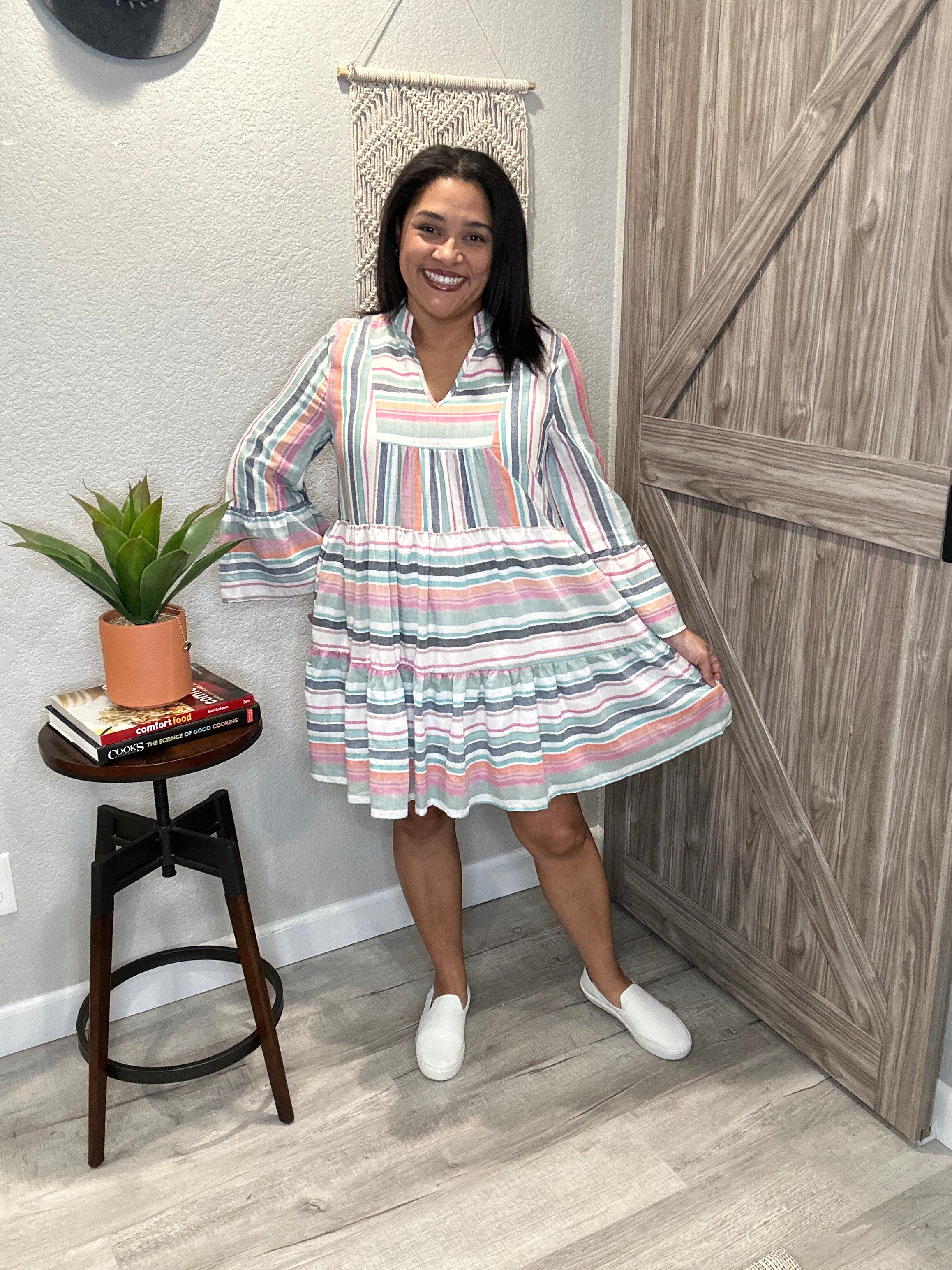 Summer Stripe Bell Sleeve Tiered Dress