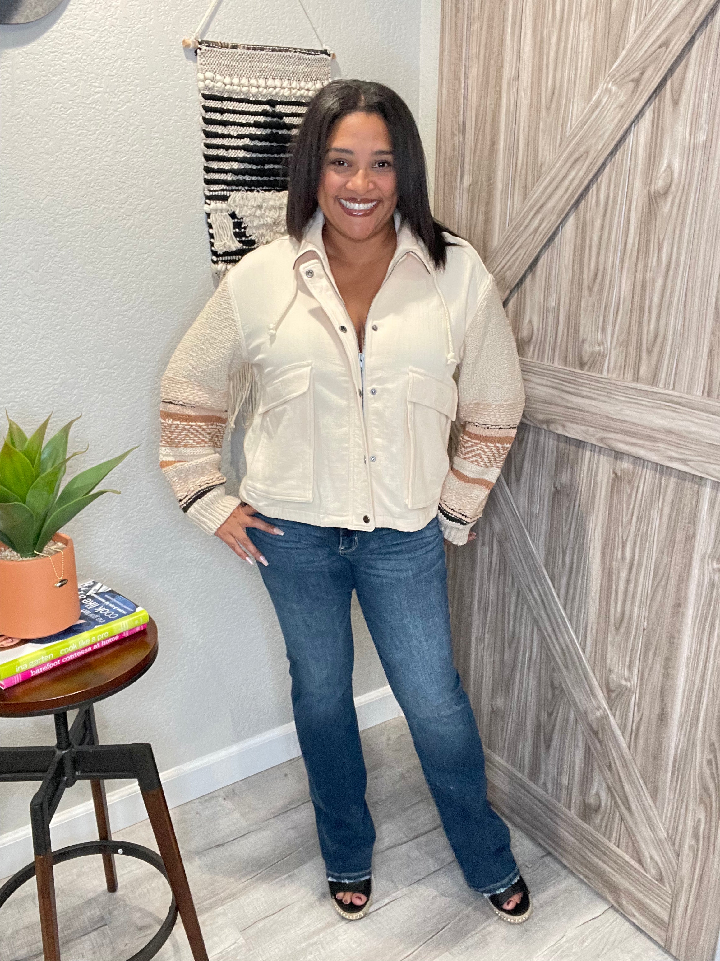 Saltwater Luxe Cream Sweater Sleeve Snap Front Jacket