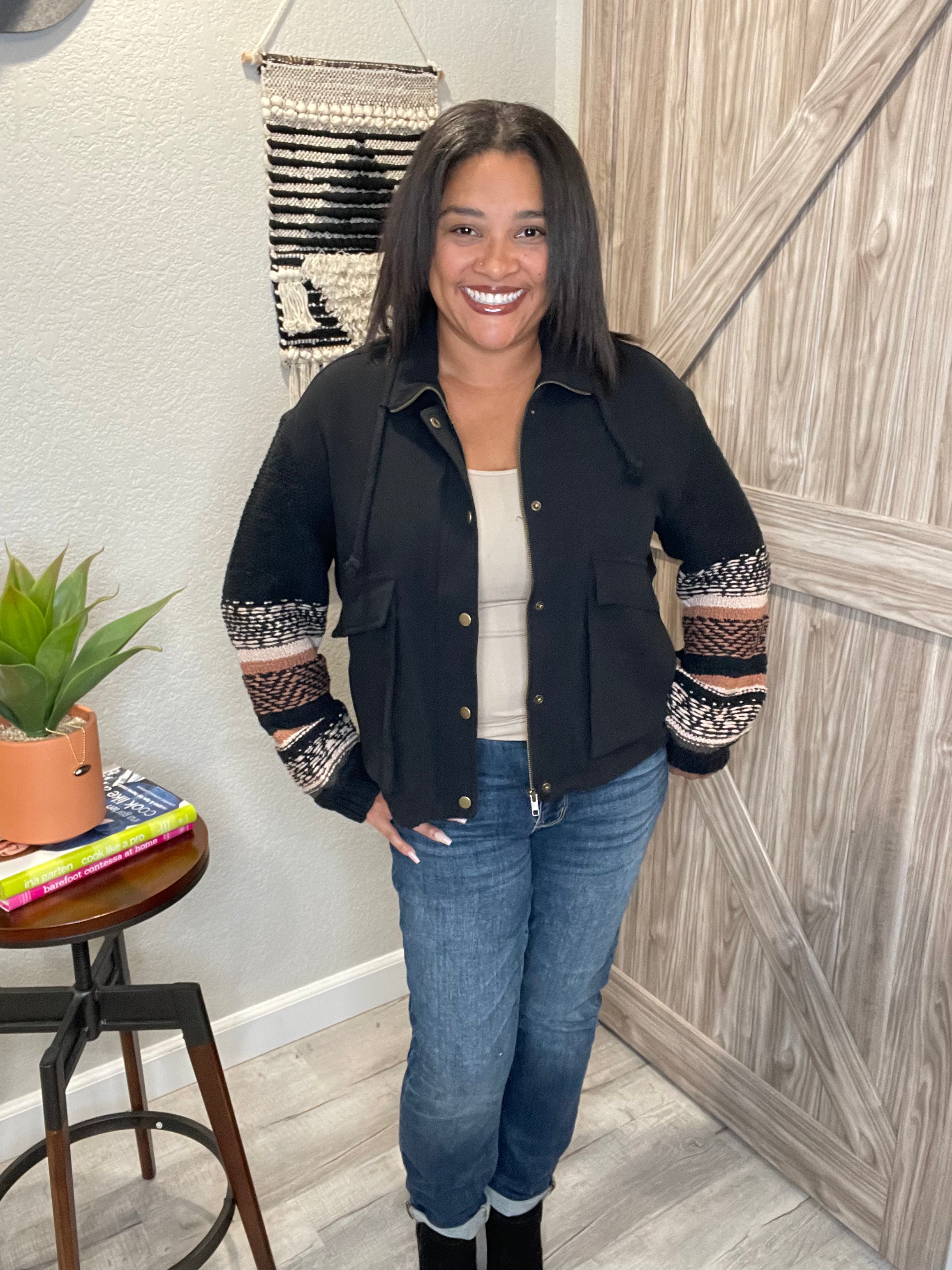 Size XS & Small Saltwater Luxe Black Sweater Sleeve Snap Front Jacket