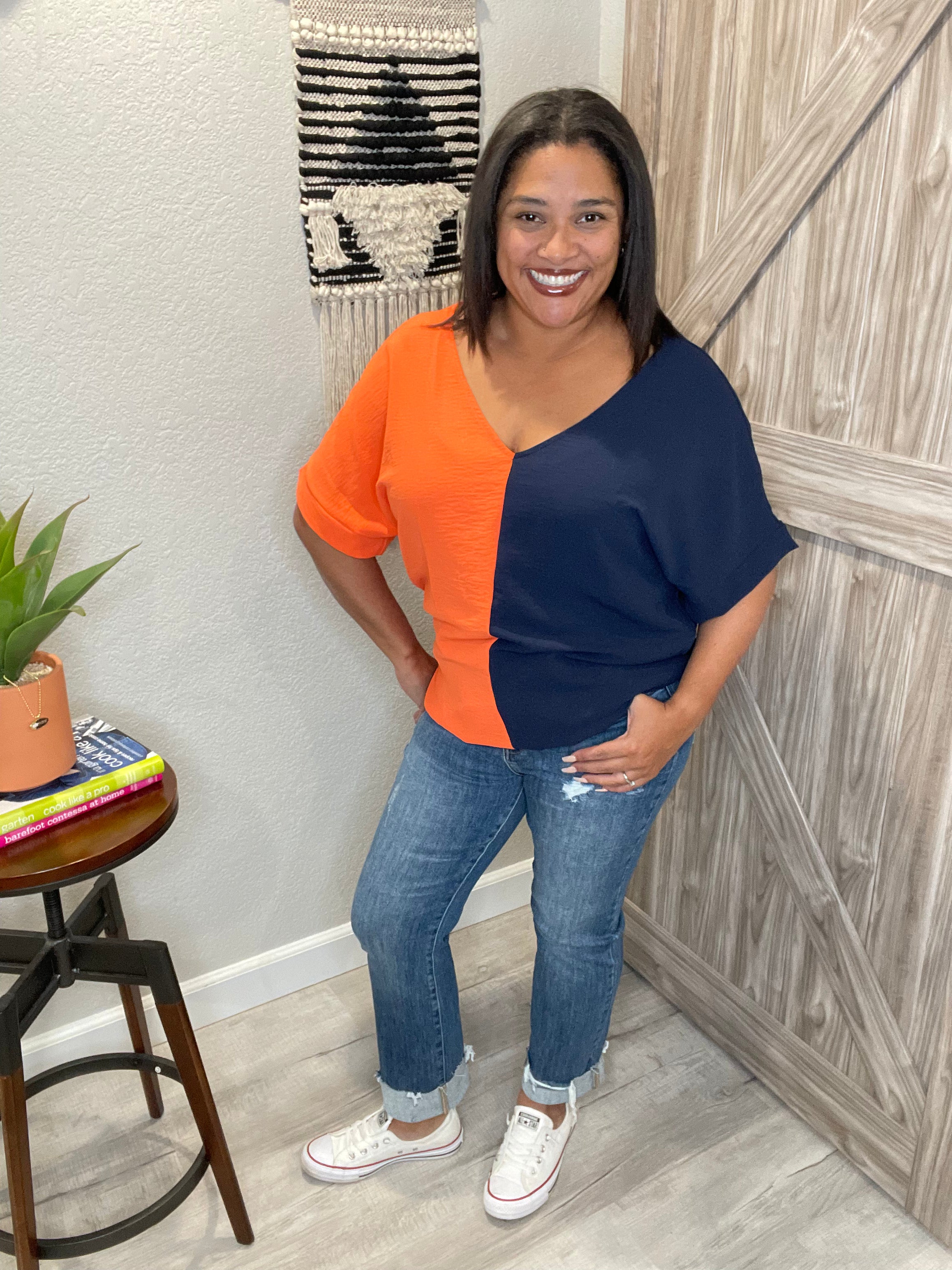 Size Small & 2XL Navy & Orange Color Block V Neck Top