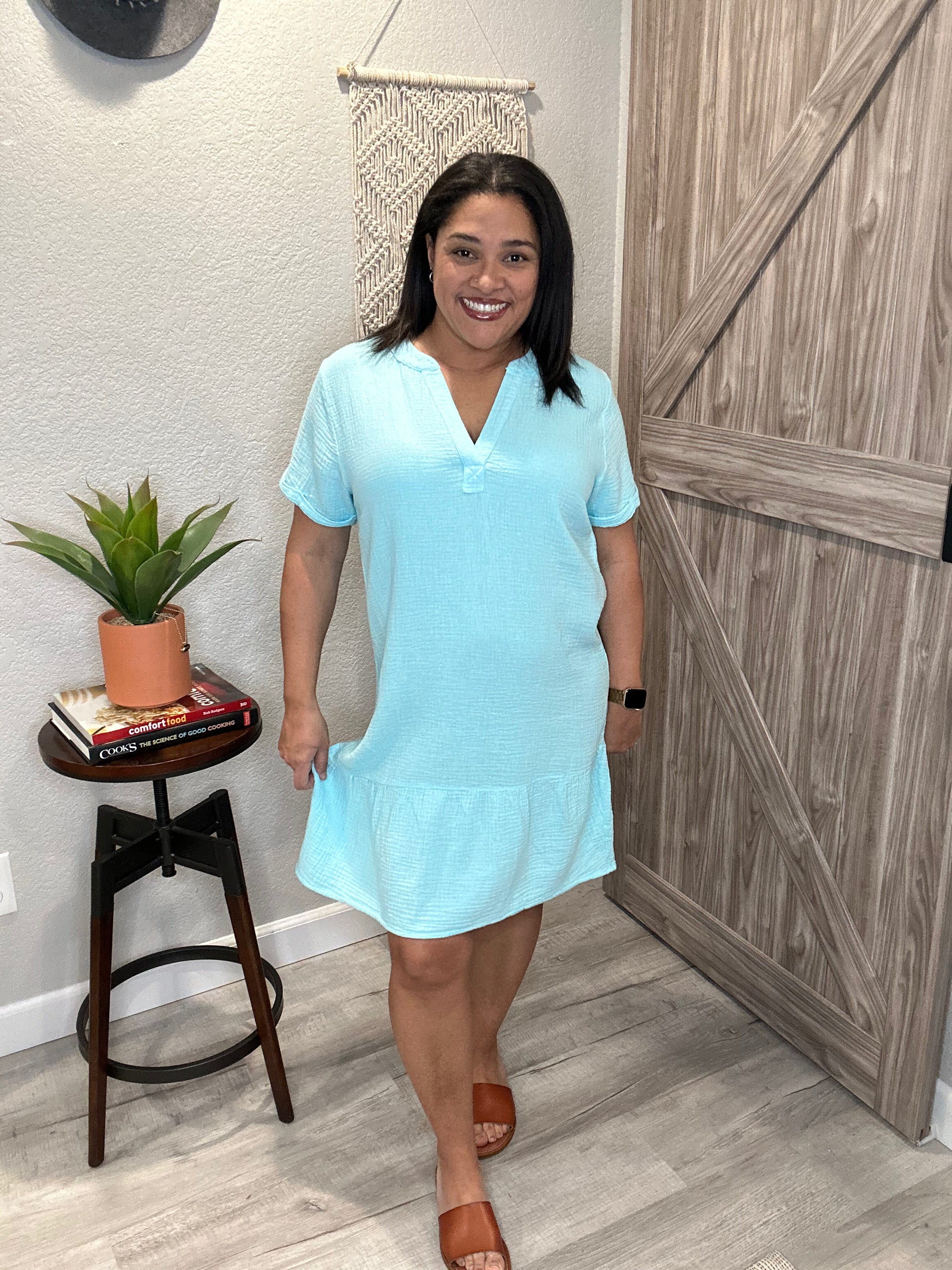 Bobi Split Neck Ruffle Hem Dress
