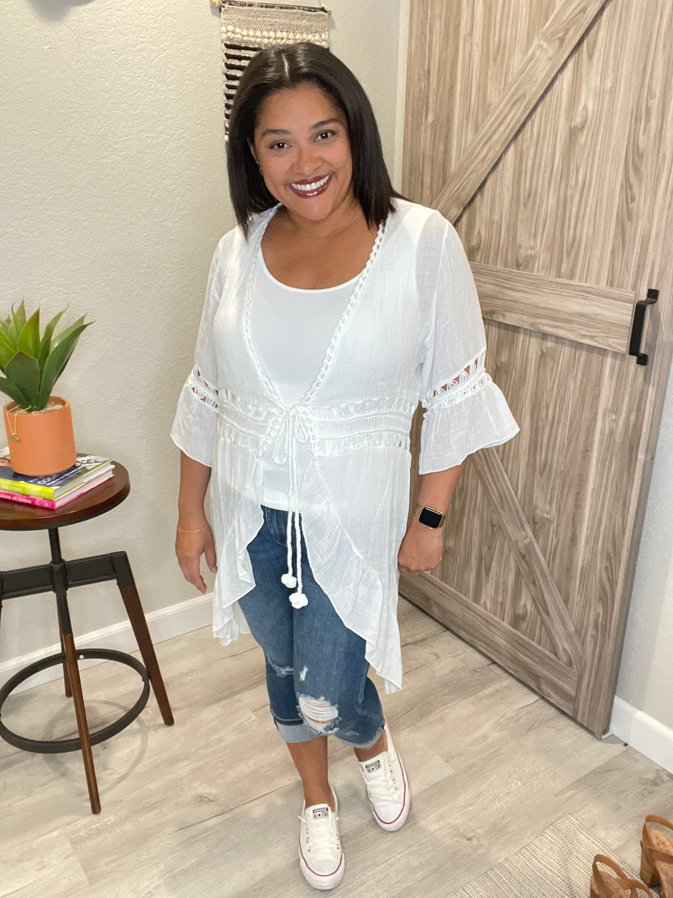 Off White Ruffle Sleeves Summer Cardi Swim Cover
