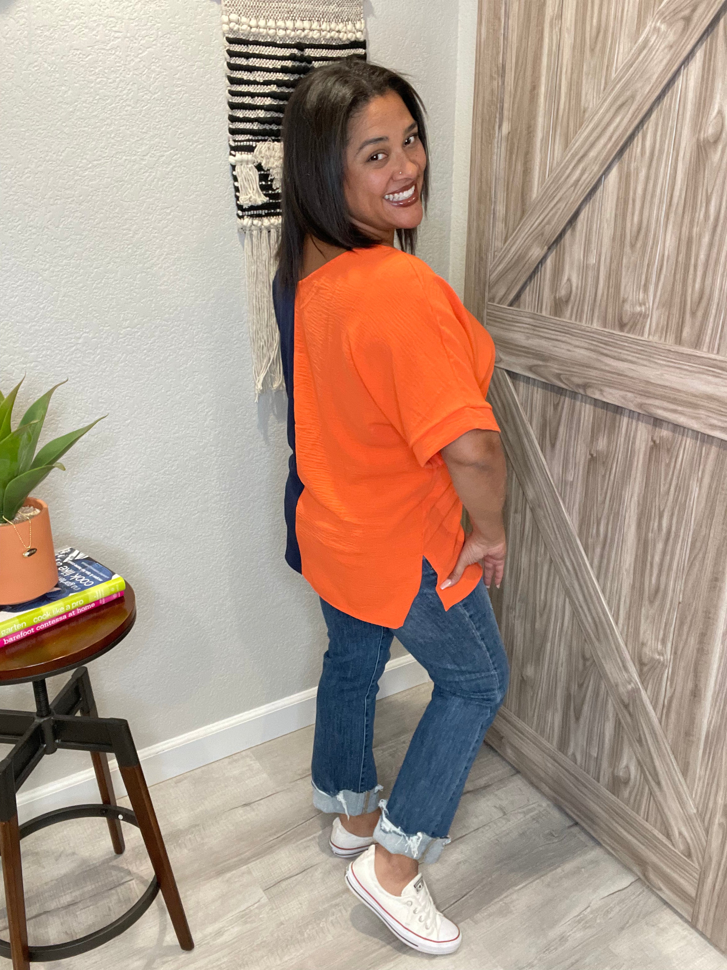 Size Small & 2XL Navy & Orange Color Block V Neck Top