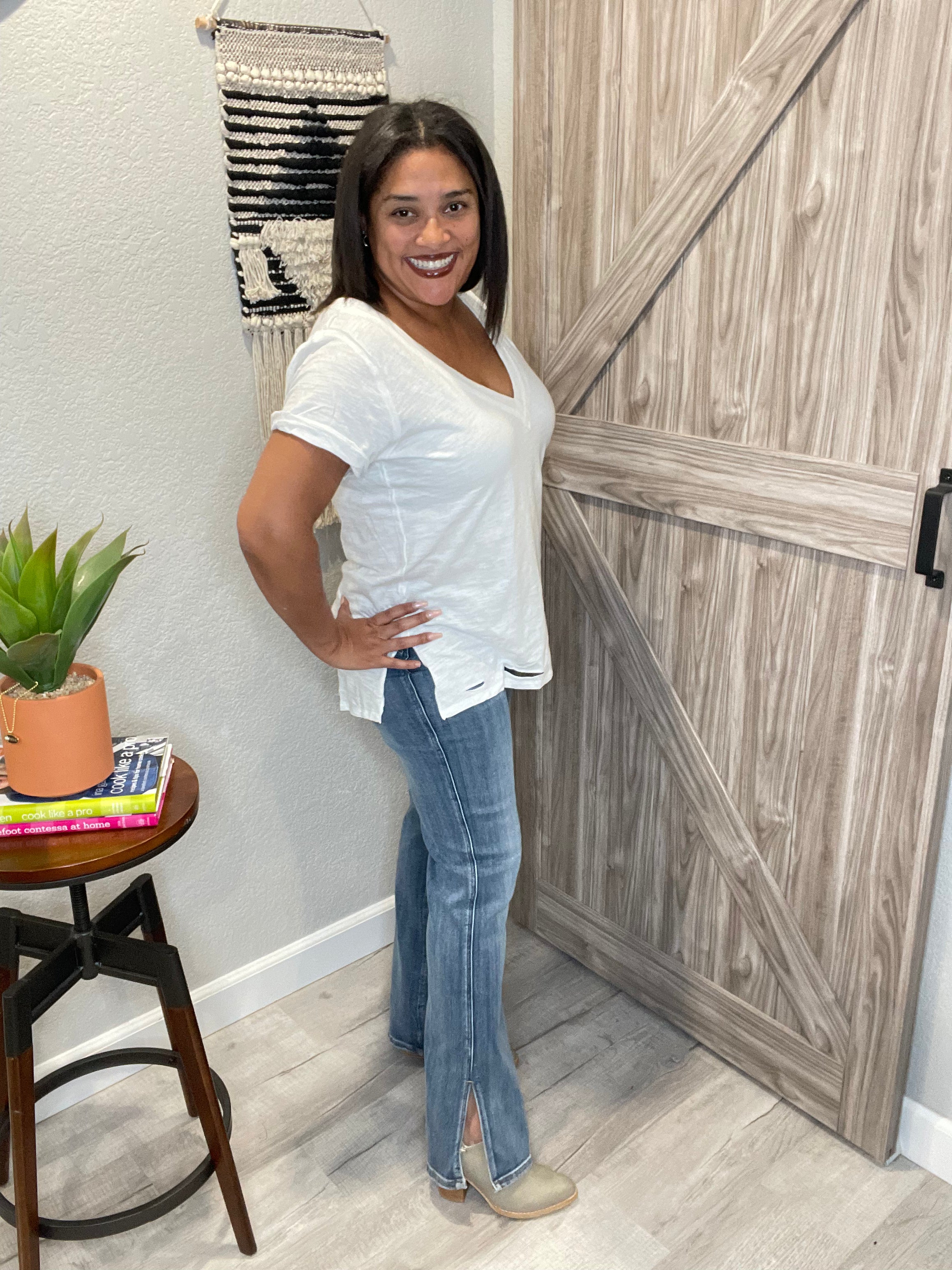 Risen Medium Blue High Rise Straight Jeans With Side Slit