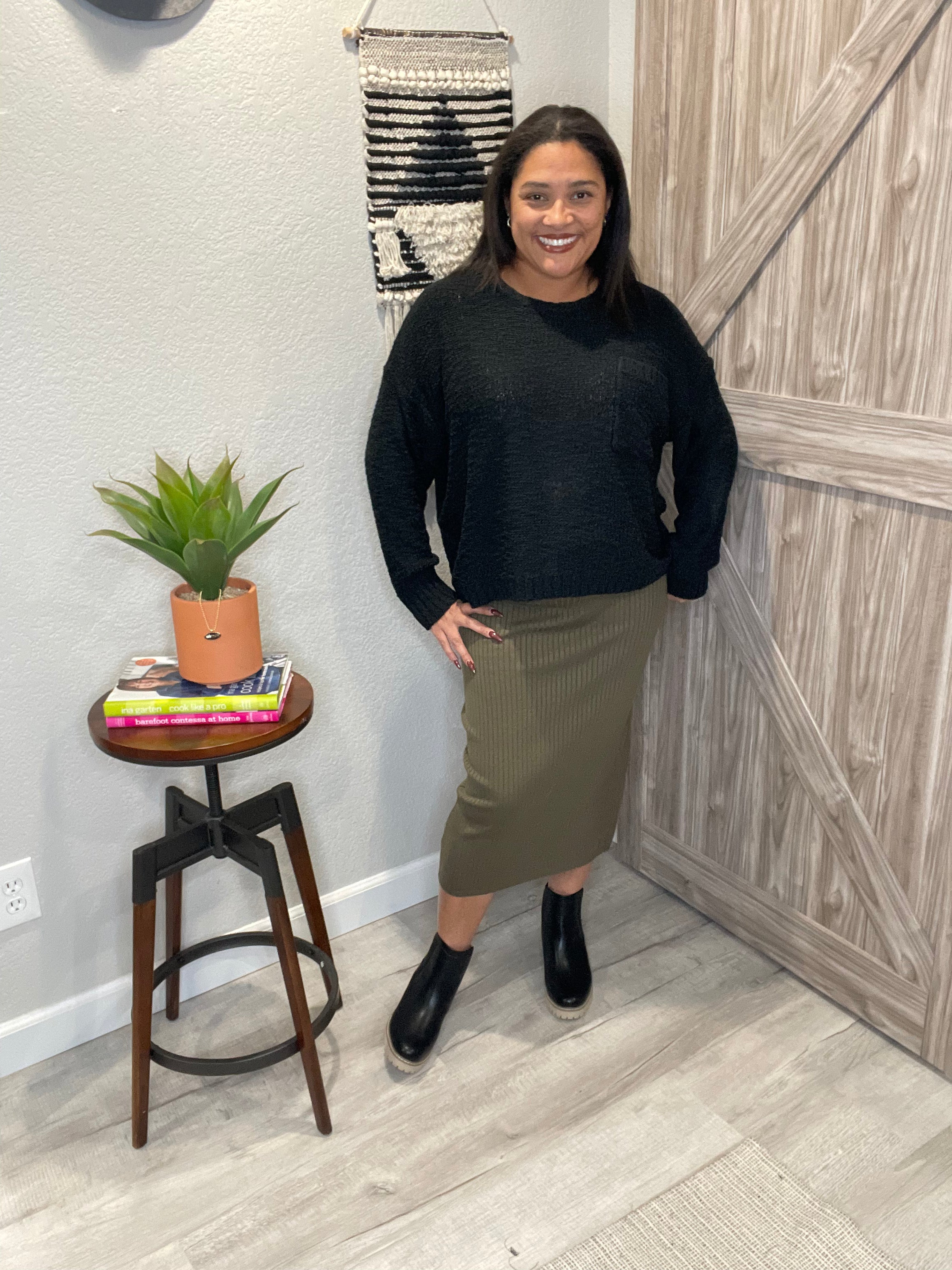 Thick Ribbed Midi Back Slit Sweater Skirt