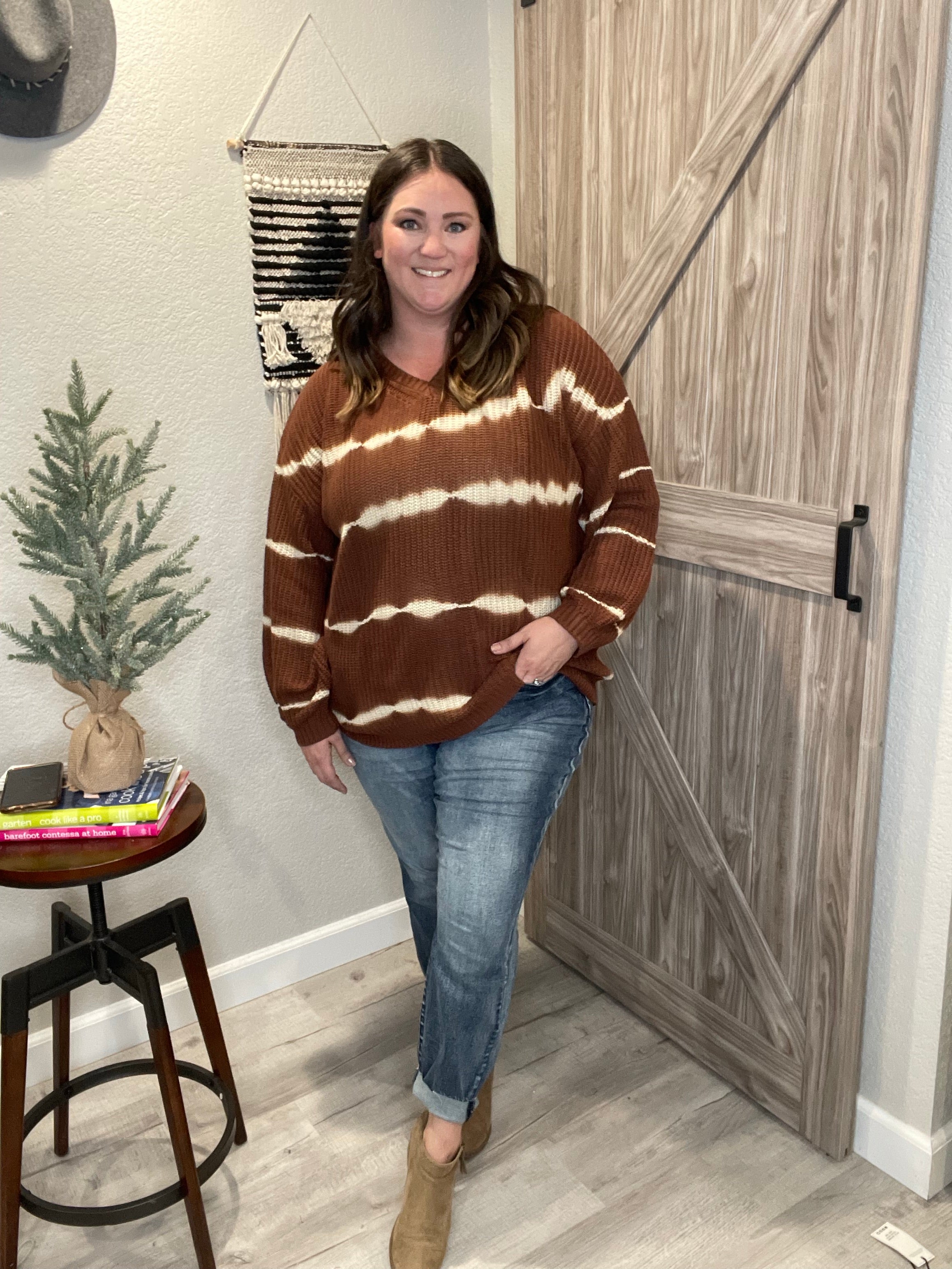 Size 2XL 3XL Cocoa Brown Tie Dye V Neck Pullover Sweater