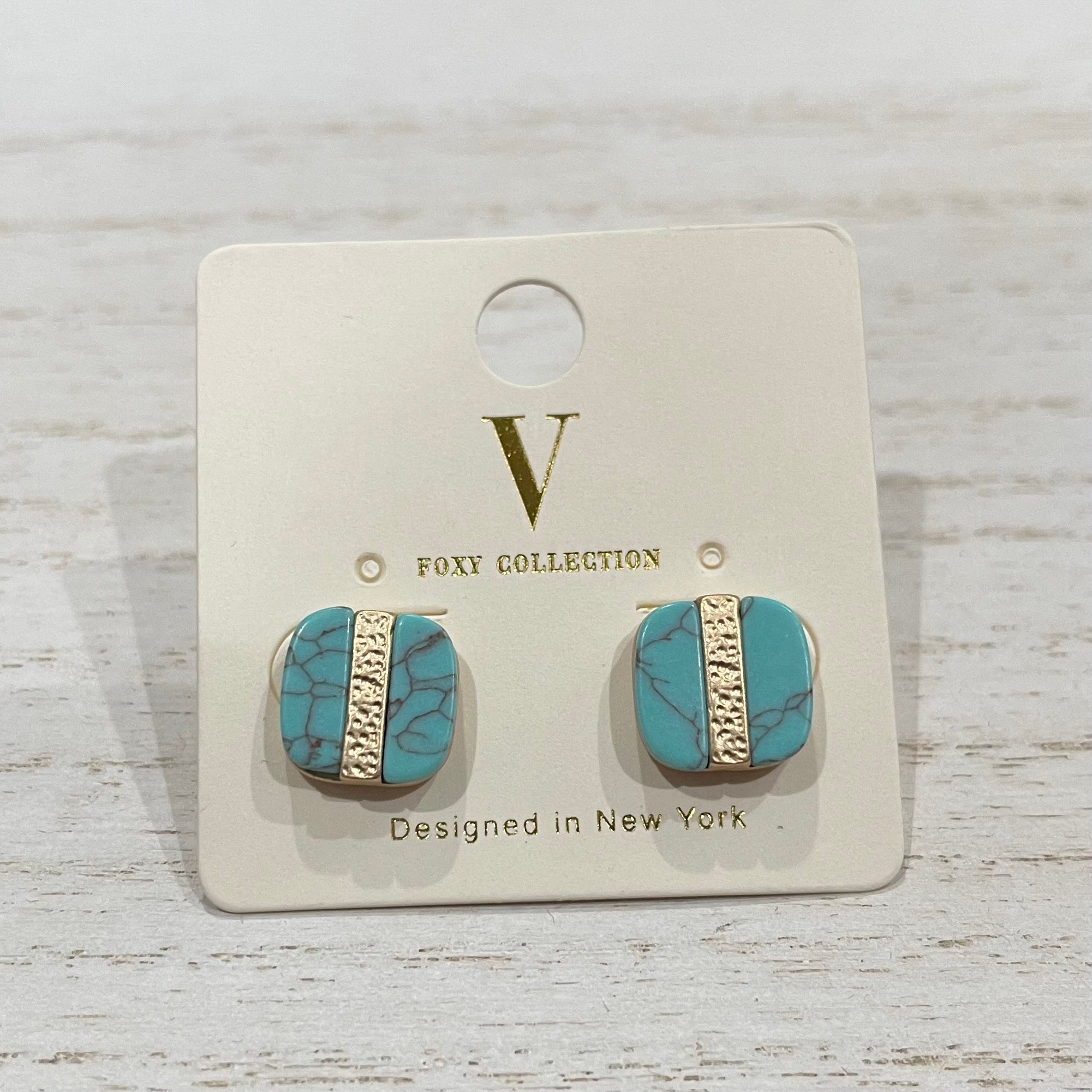 Turquoise & Hammered Gold Stud Square Earrings
