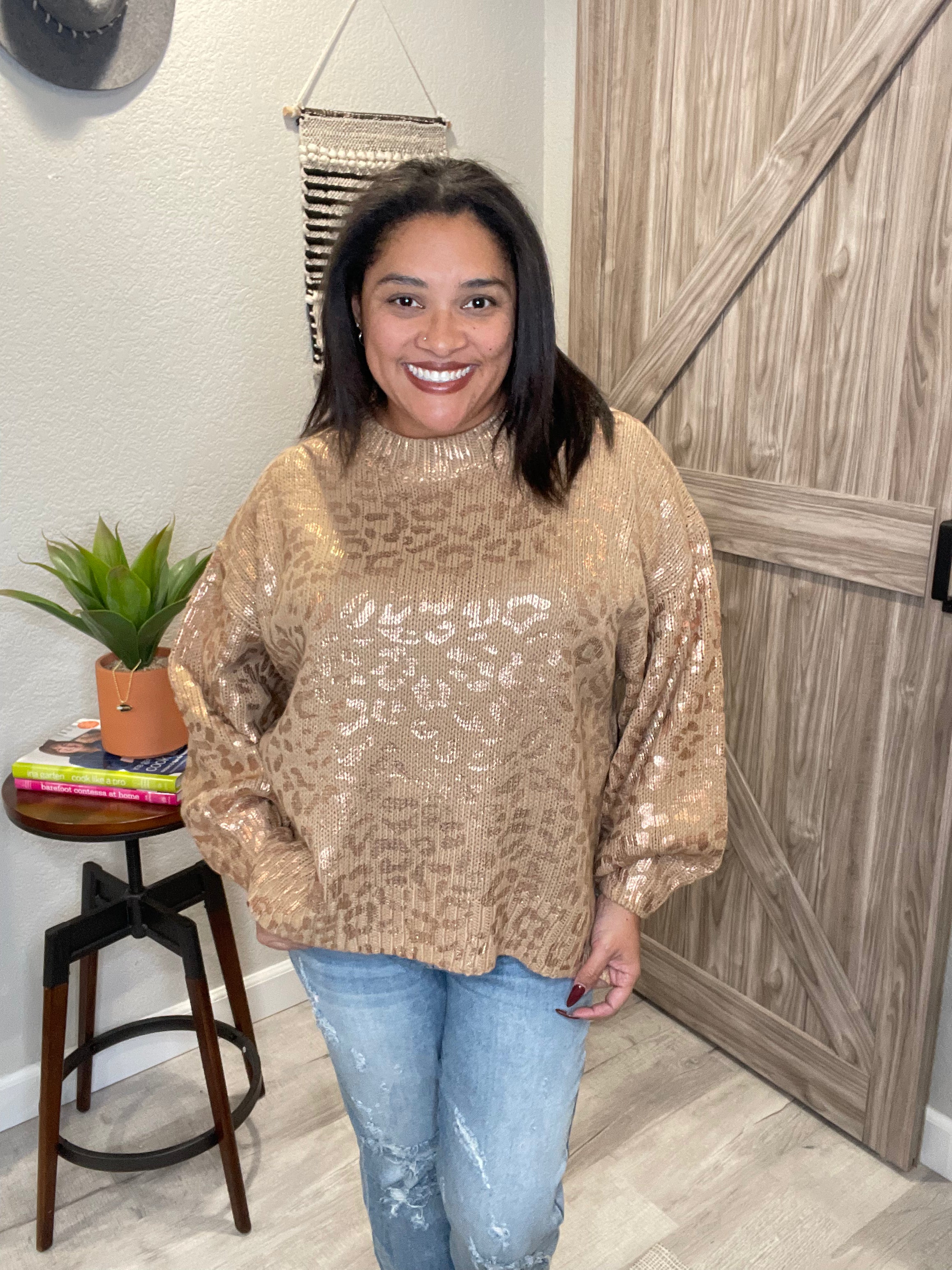 Metallic Rose Gold Taupe Leopard Print Balloon Sleeve Sweater