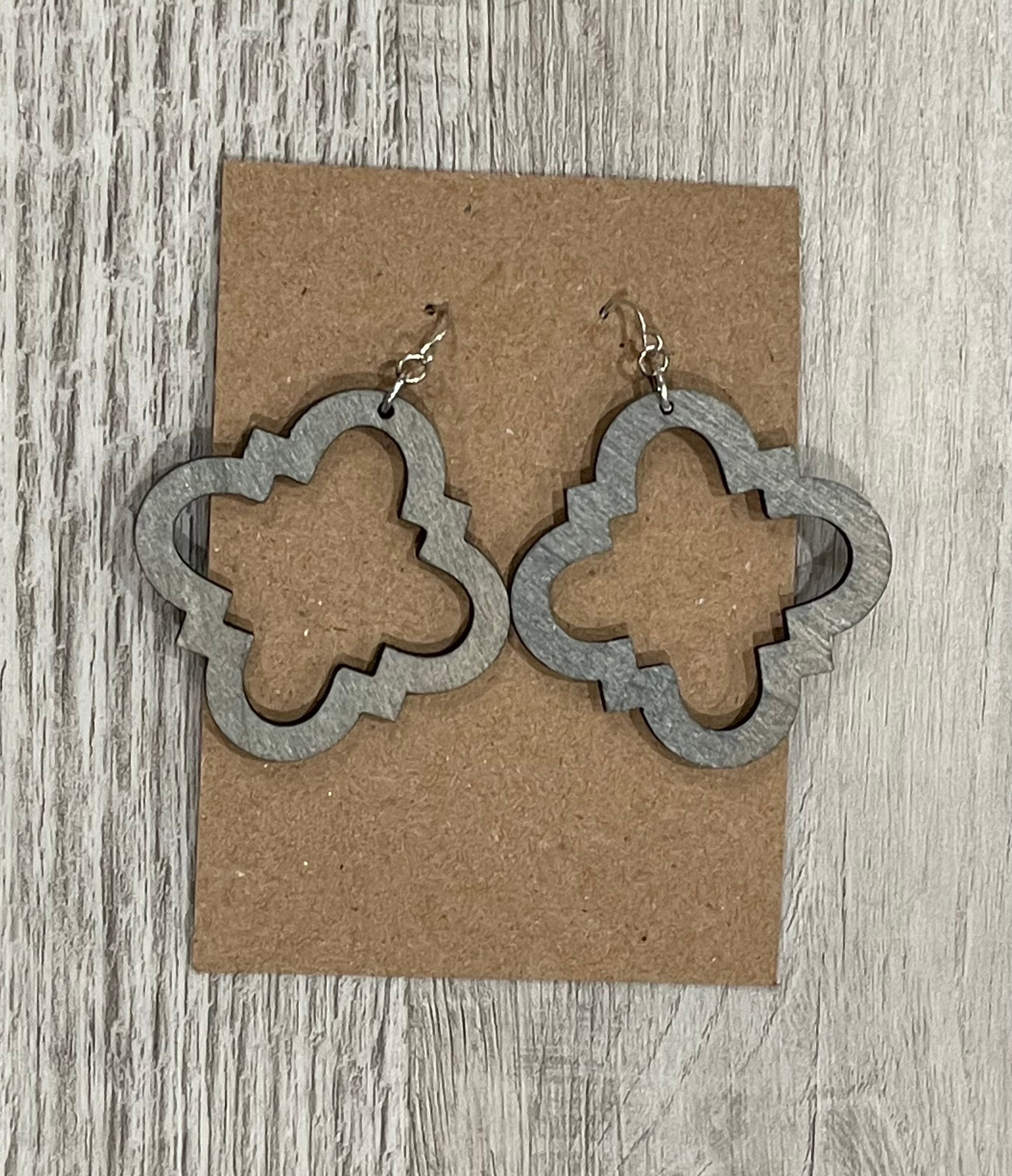 Grey Wooden Clover Earrings