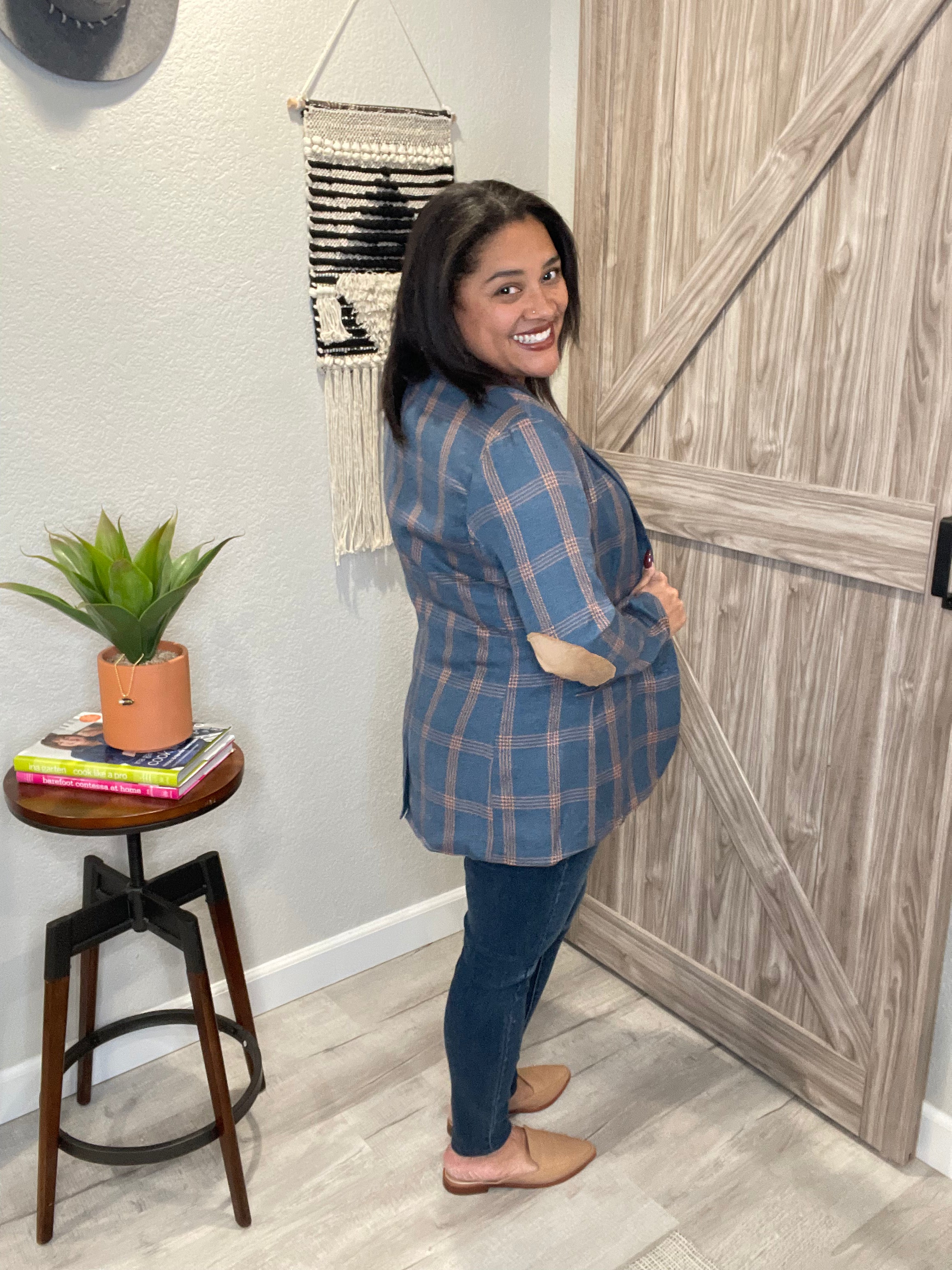 Plaid Two Button Elbow Patch Blazer