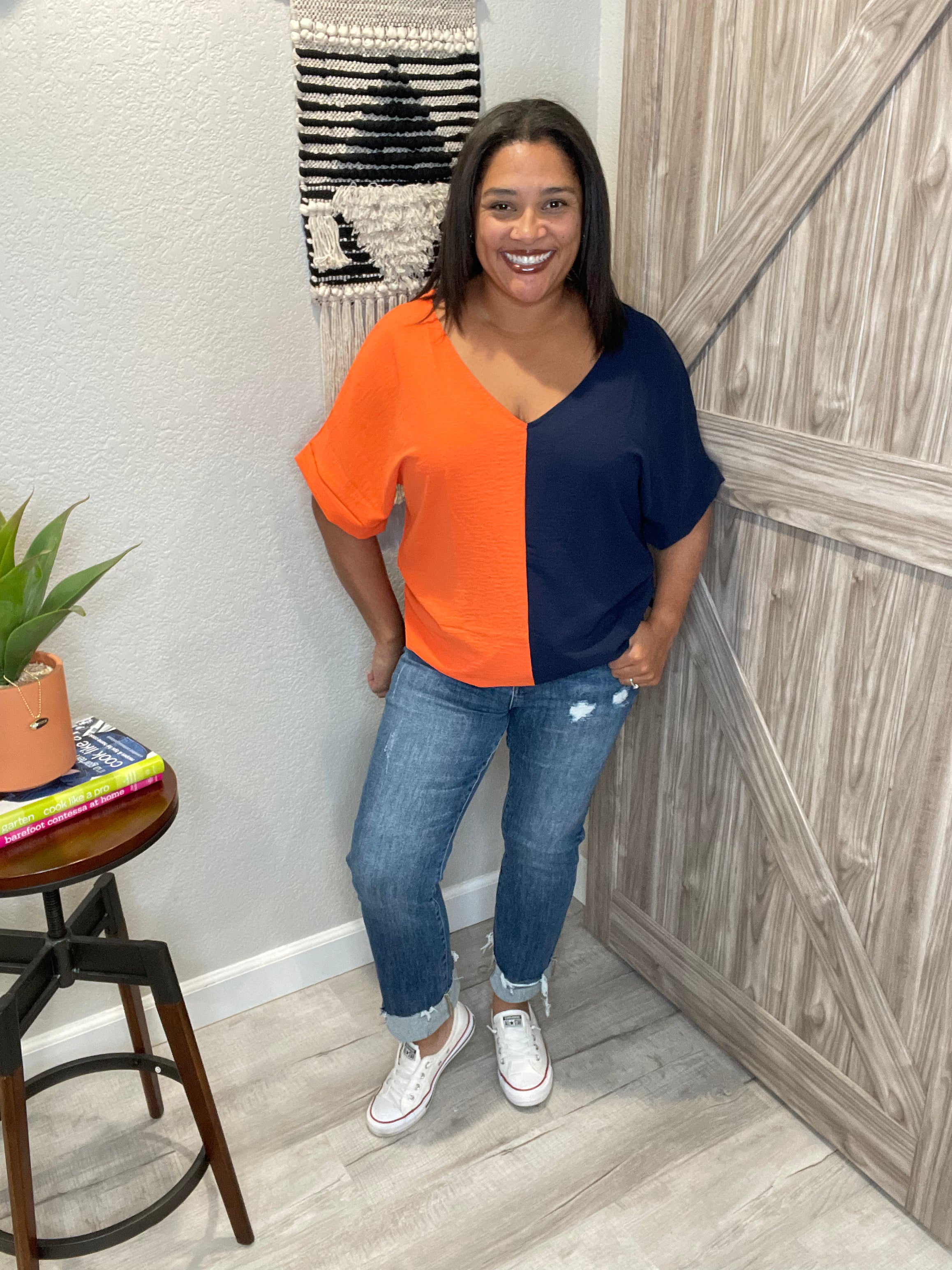 Size Small & 2XL Navy & Orange Color Block V Neck Top