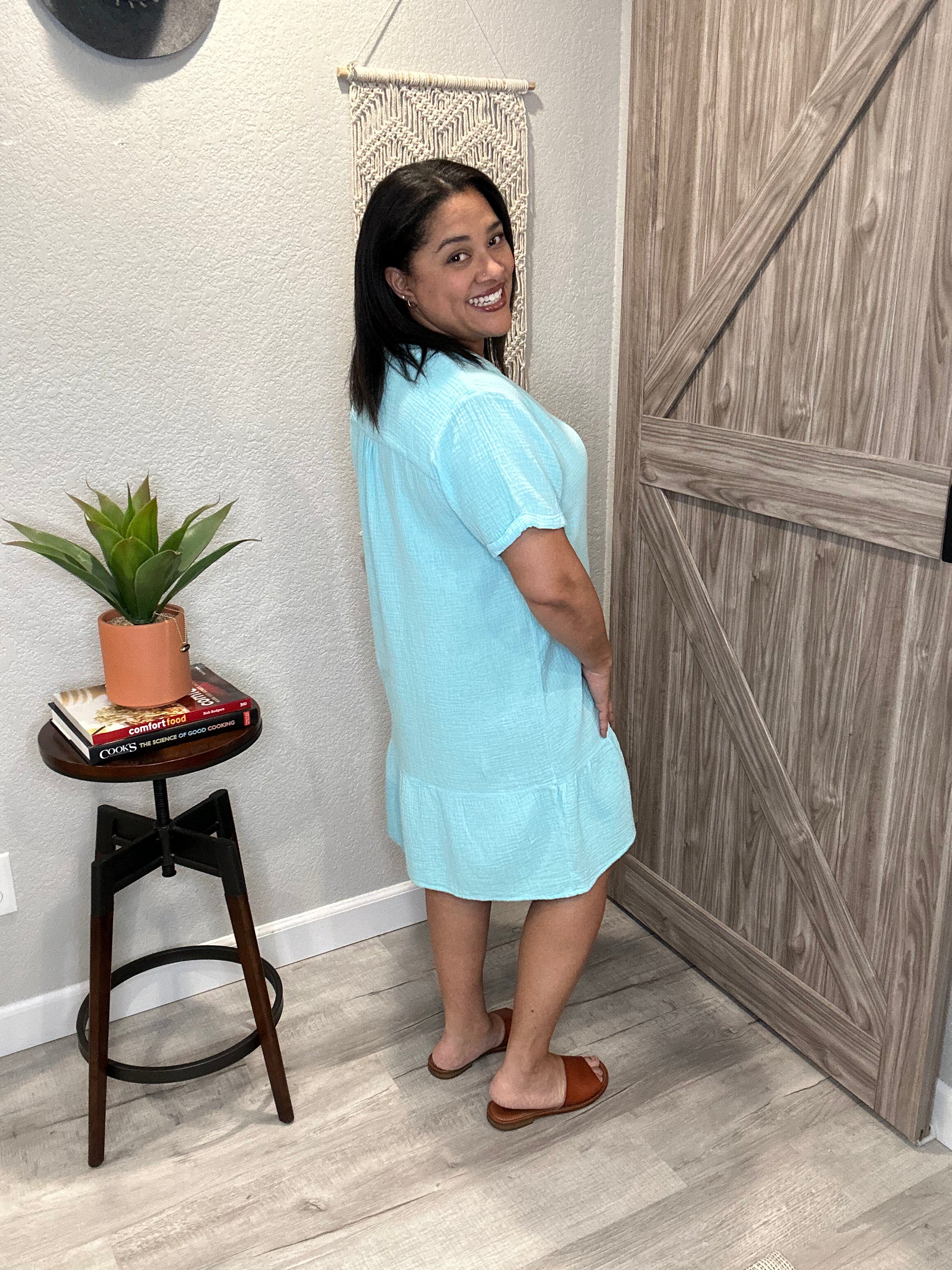 Bobi Split Neck Ruffle Hem Dress