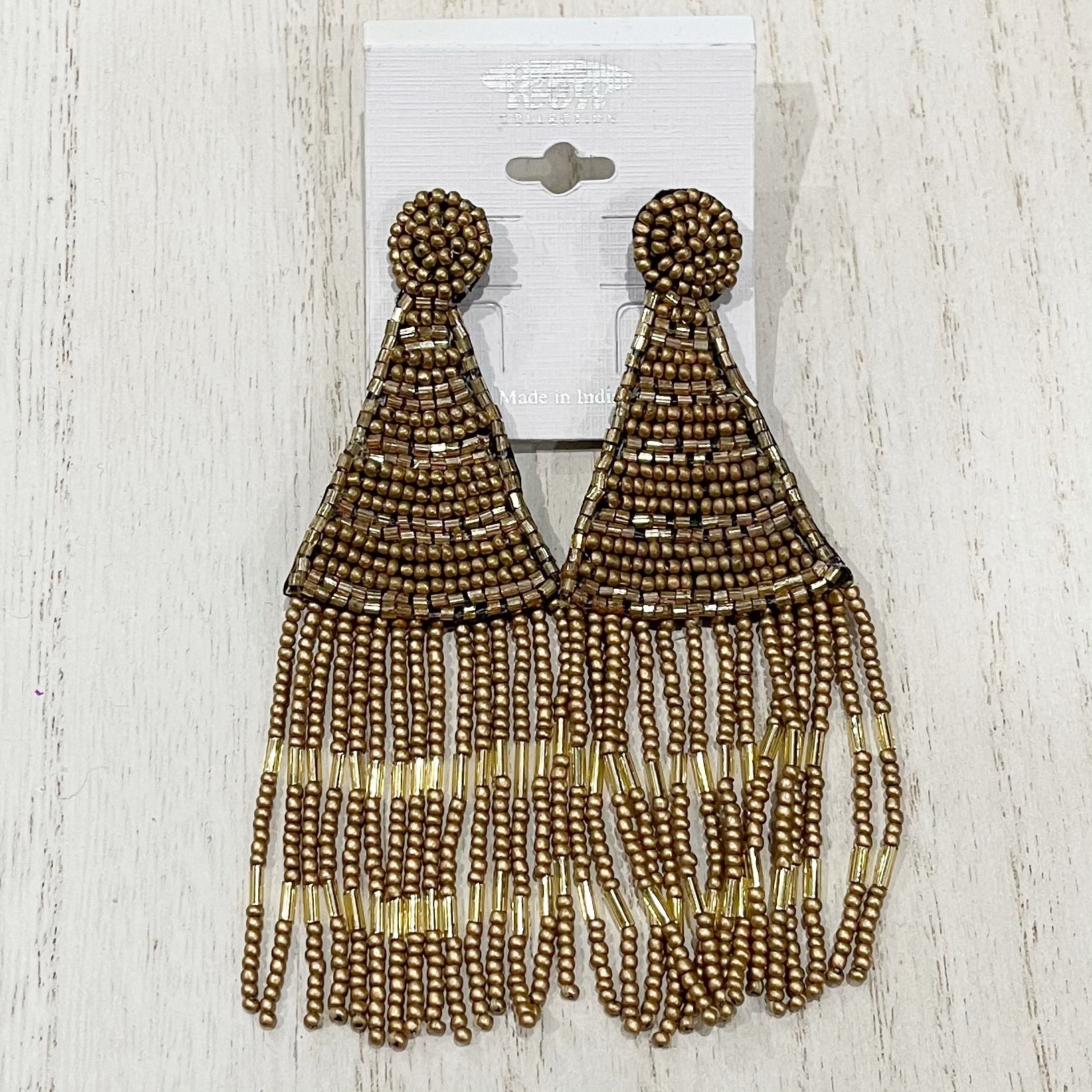 Gold Metallic Seed Beaded Earrings with Fringe