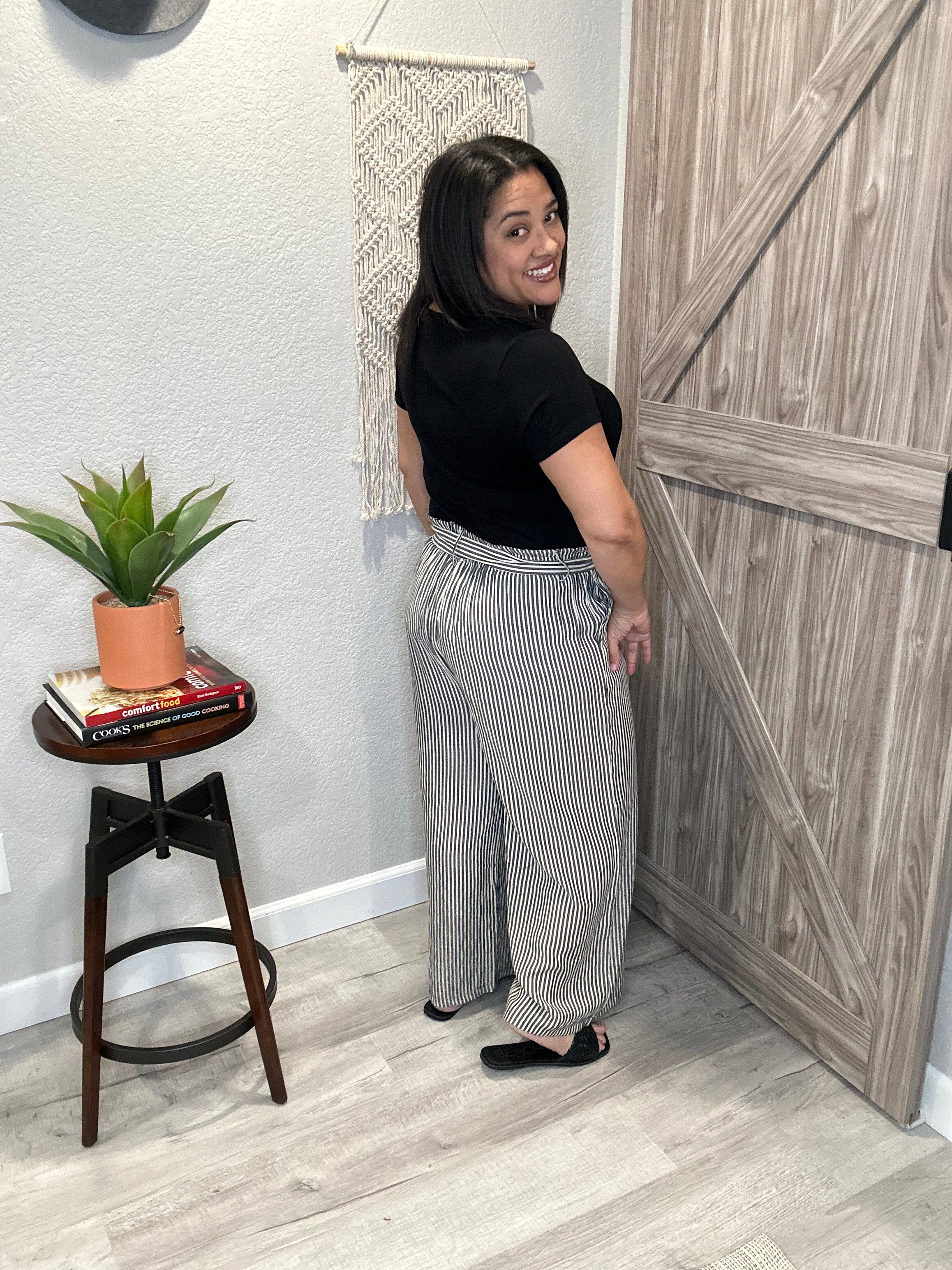 Wide Leg Hi Rise Striped Lightweight Woven Pants