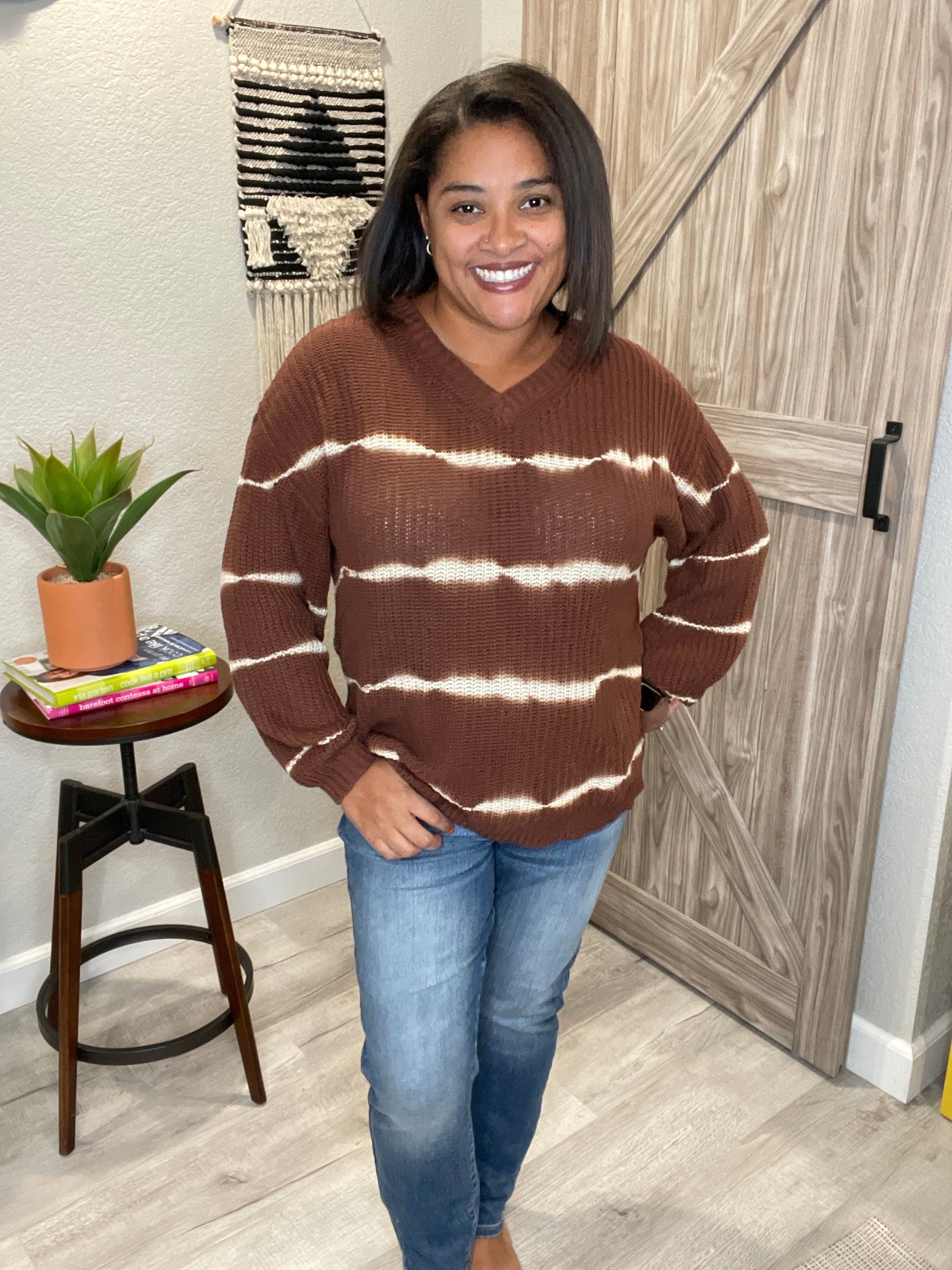 Size 2XL 3XL Cocoa Brown Tie Dye V Neck Pullover Sweater