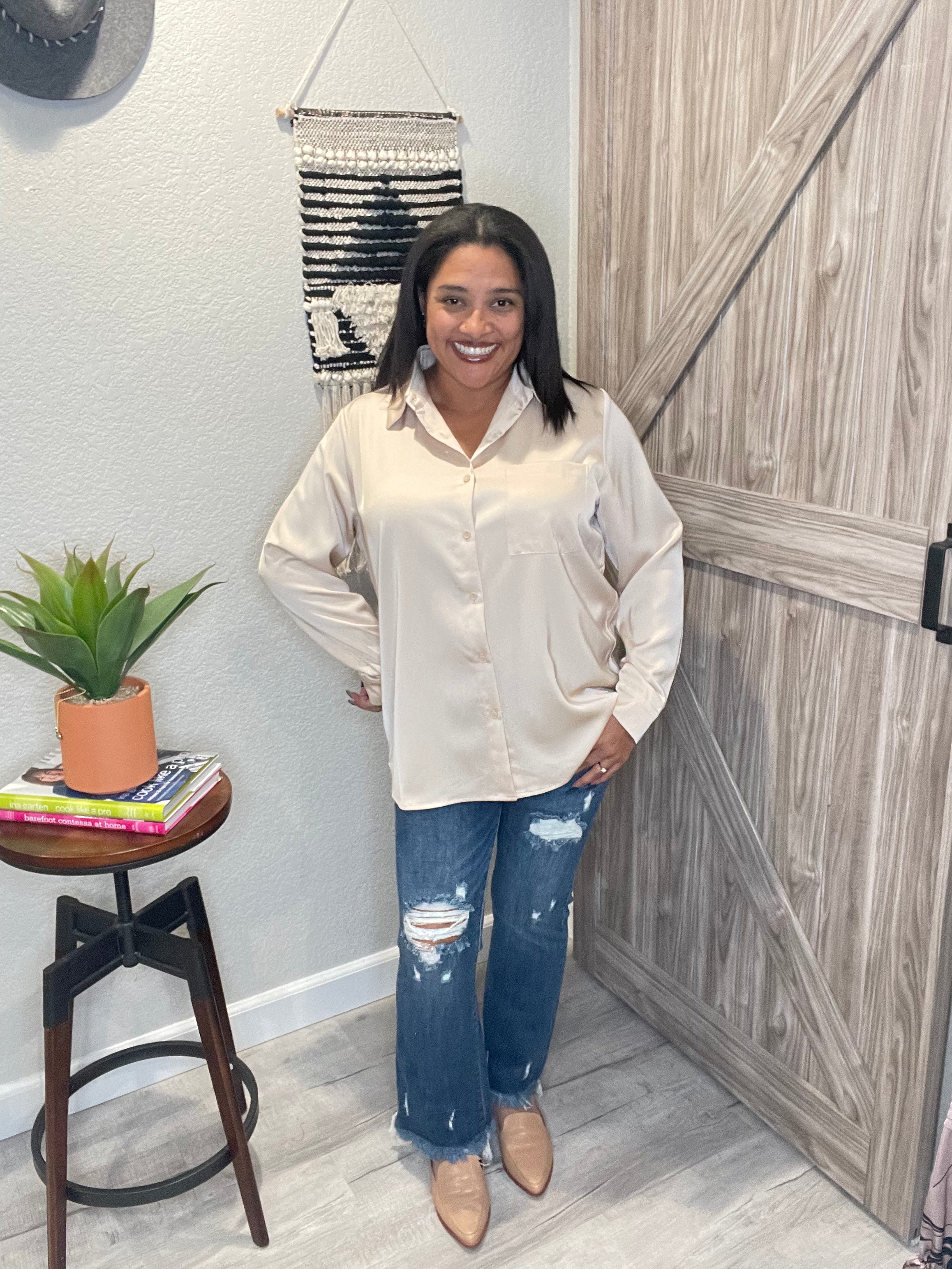 Size Small Champagne Satin Long Sleeve Button Down Blouse